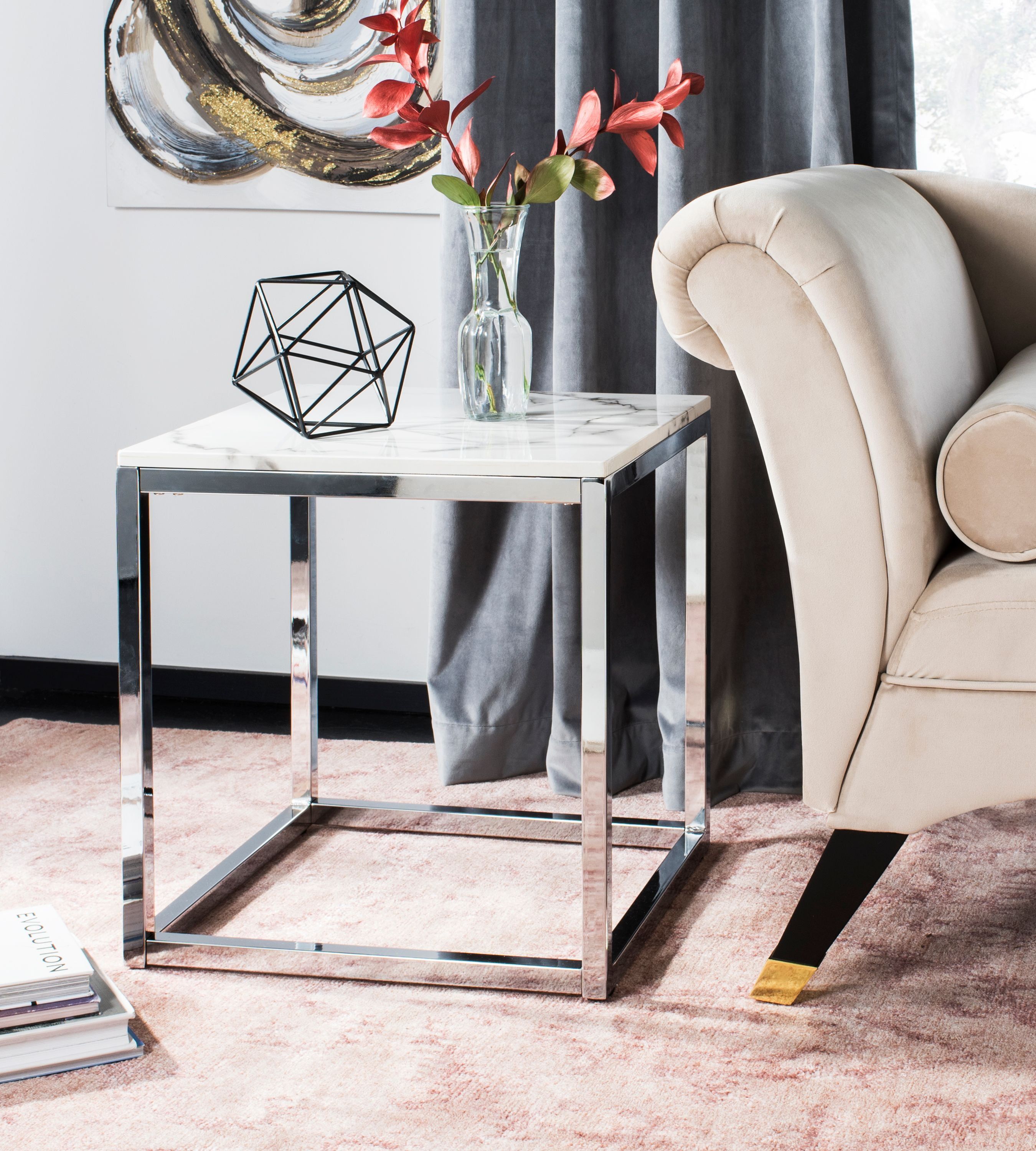 Bethany 20" White Marble and Chrome Square End Table