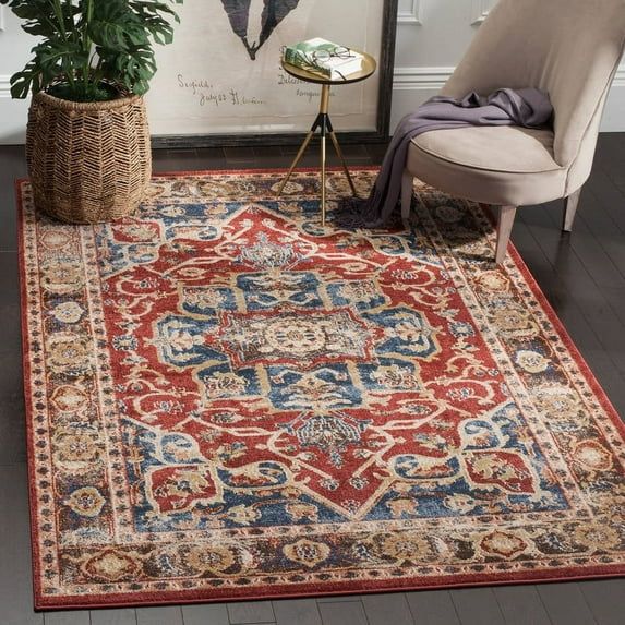 Bijar Red and Royal Synthetic 4' x 6' Reversible Area Rug