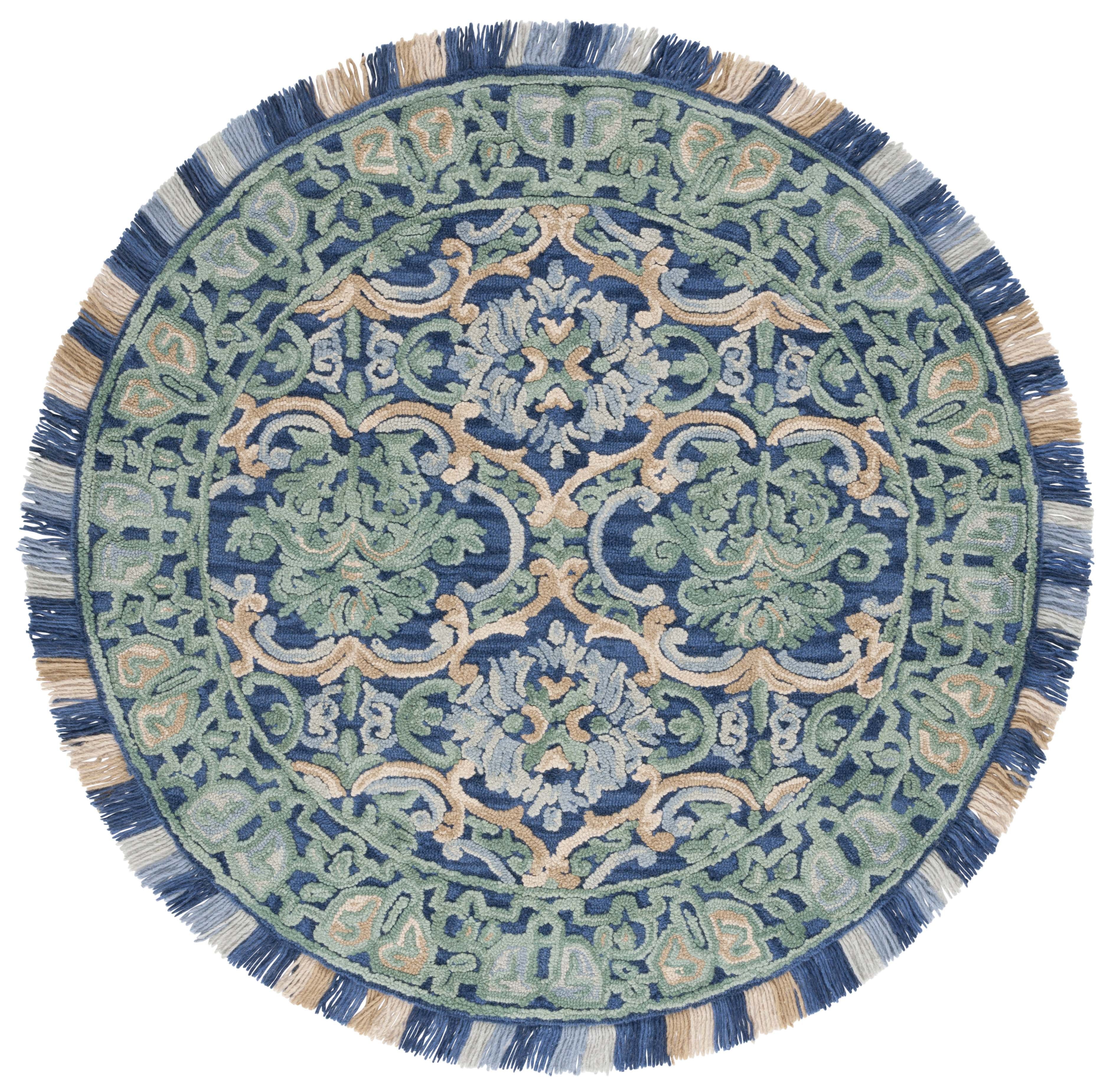 Handmade Navy and Green Geometric Wool Round Rug