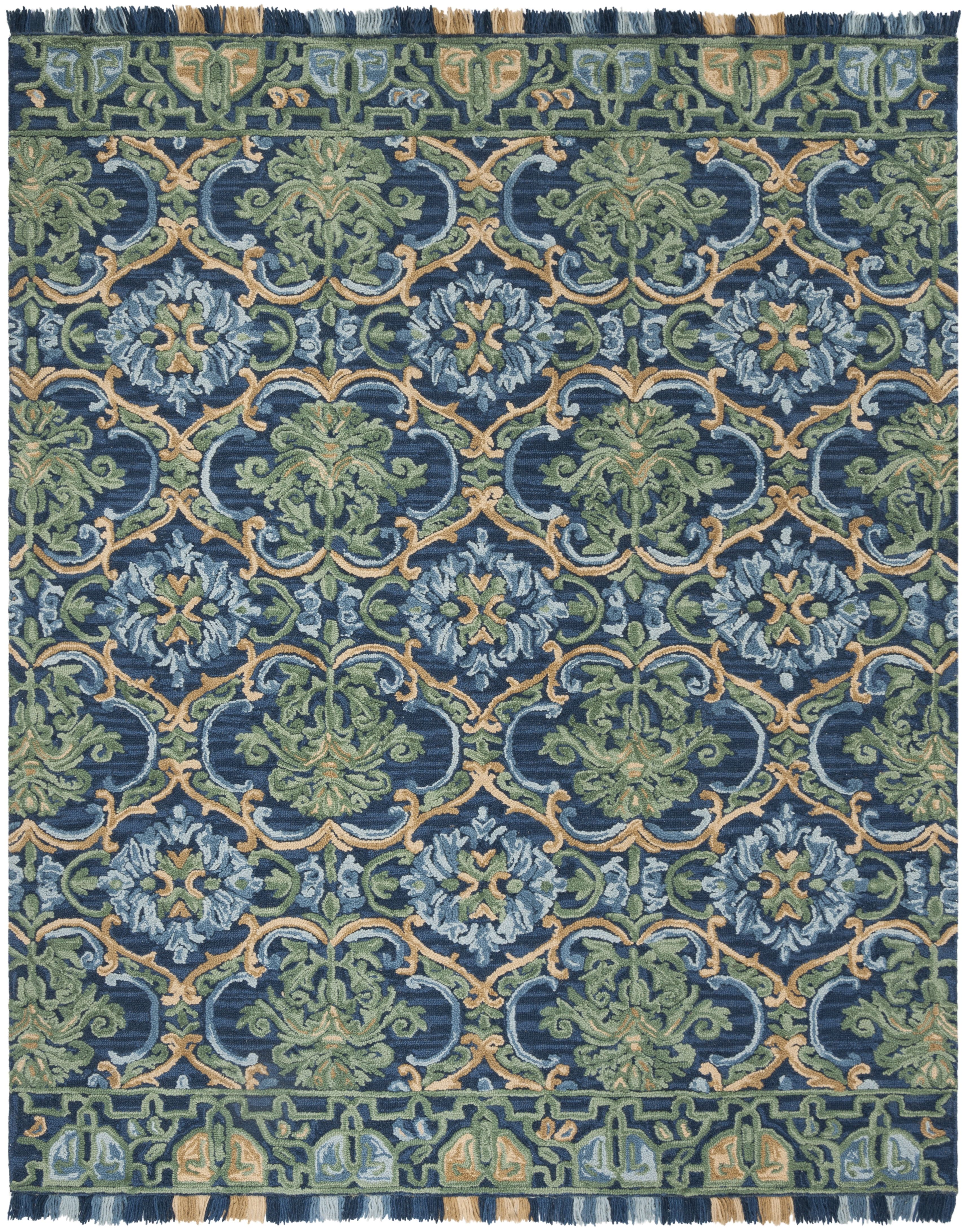 Handmade Navy and Green Wool Floral 11' x 15' Area Rug