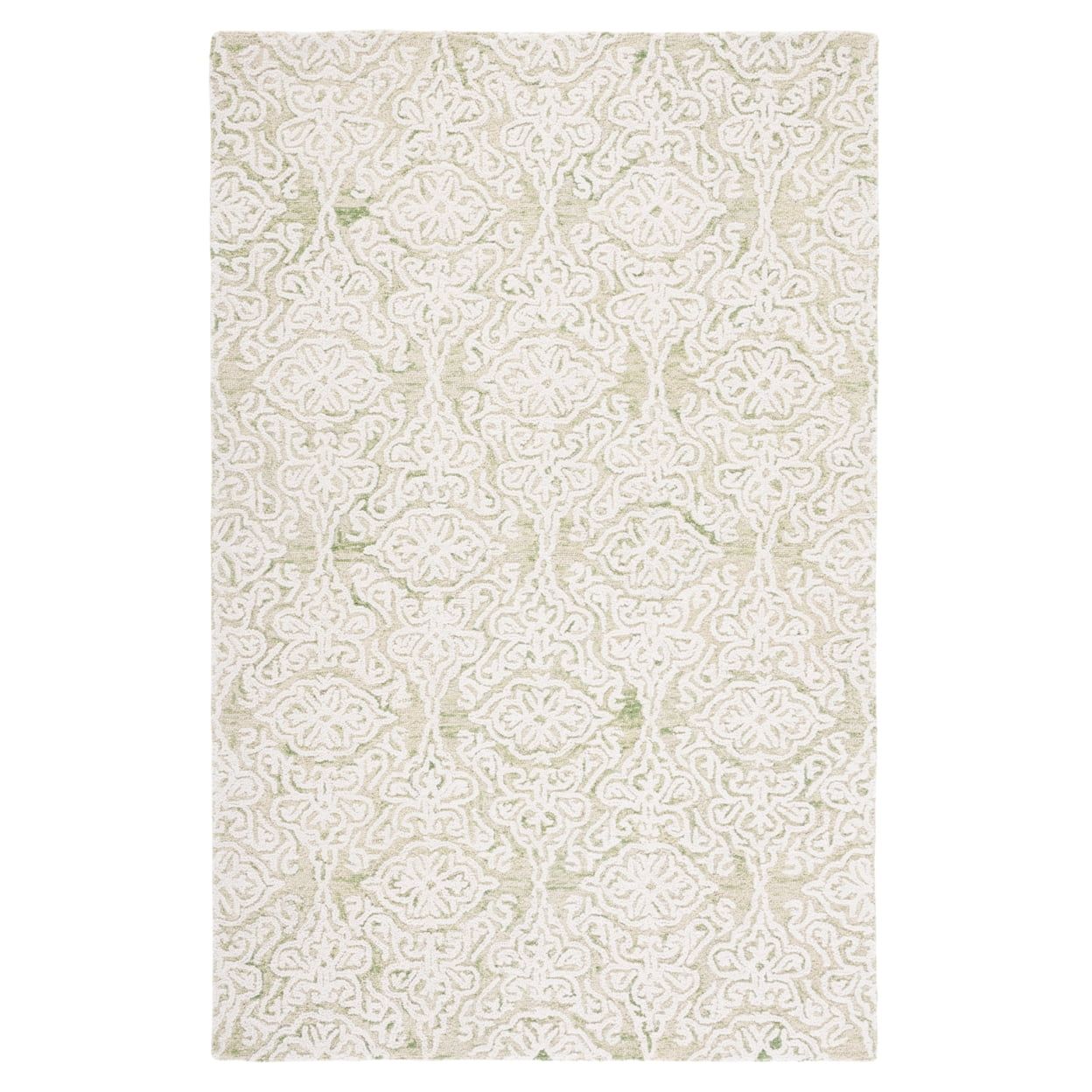 Ivory and Light Green Floral Wool Handmade Rug, 5' x 8'