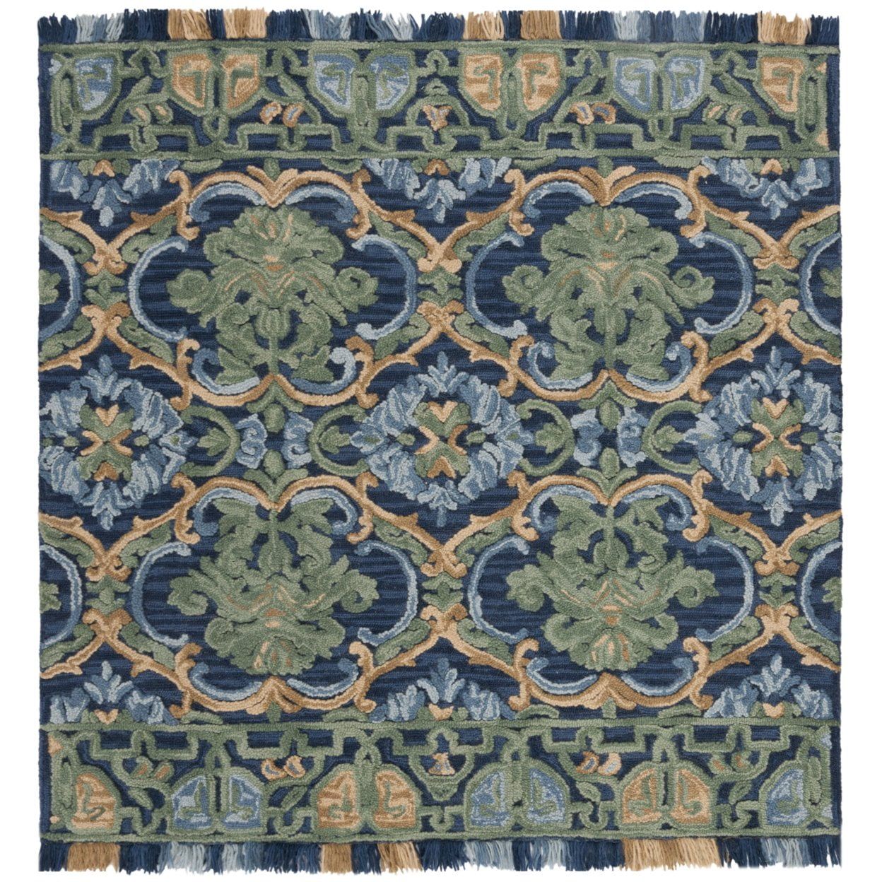 Handmade Navy and Green Floral Wool Rug, 8' Square