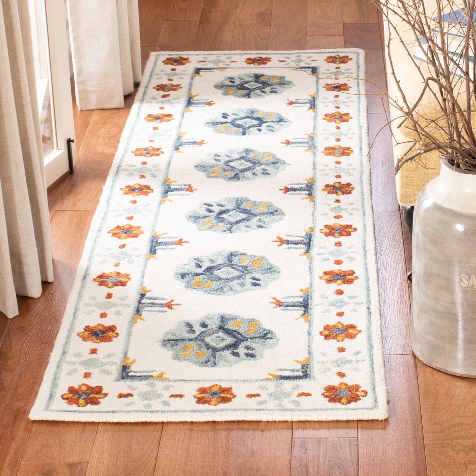 Handmade Tufted Floral Blue Wool Runner Rug, 27" x 84"