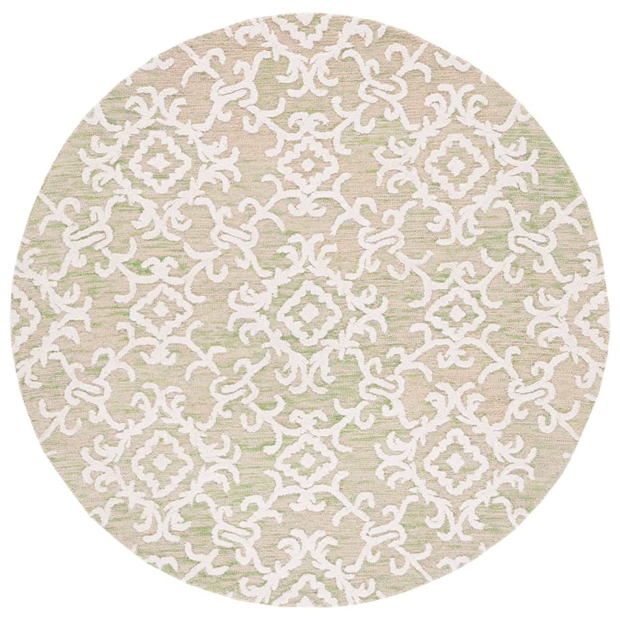 Ivory and Light Green Round Tufted Wool Area Rug, 6'