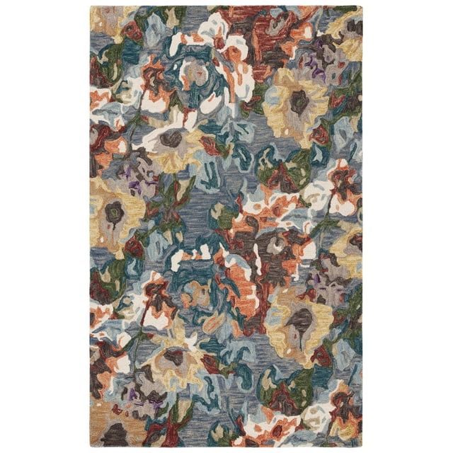 Light Blue Floral Tufted Wool Rectangular Area Rug