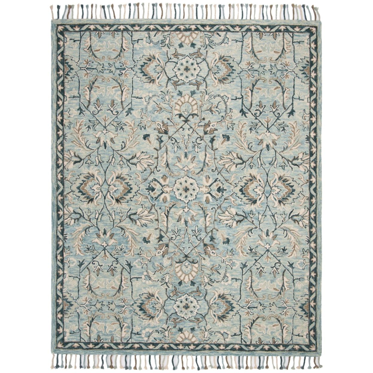 Blue and Ivory Floral Wool 9' x 12' Area Rug