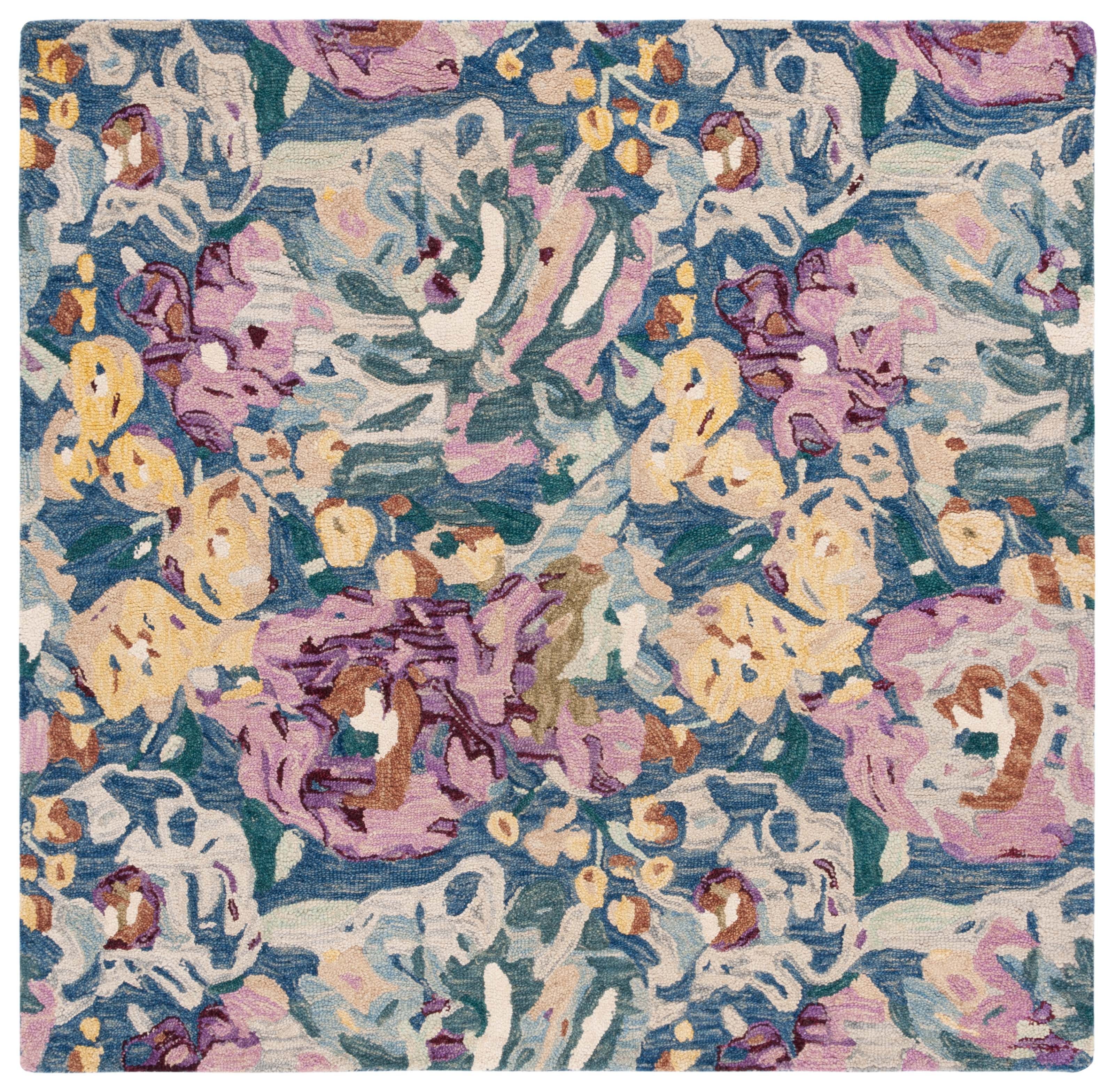 Light Blue and Plum Floral Wool Square Area Rug