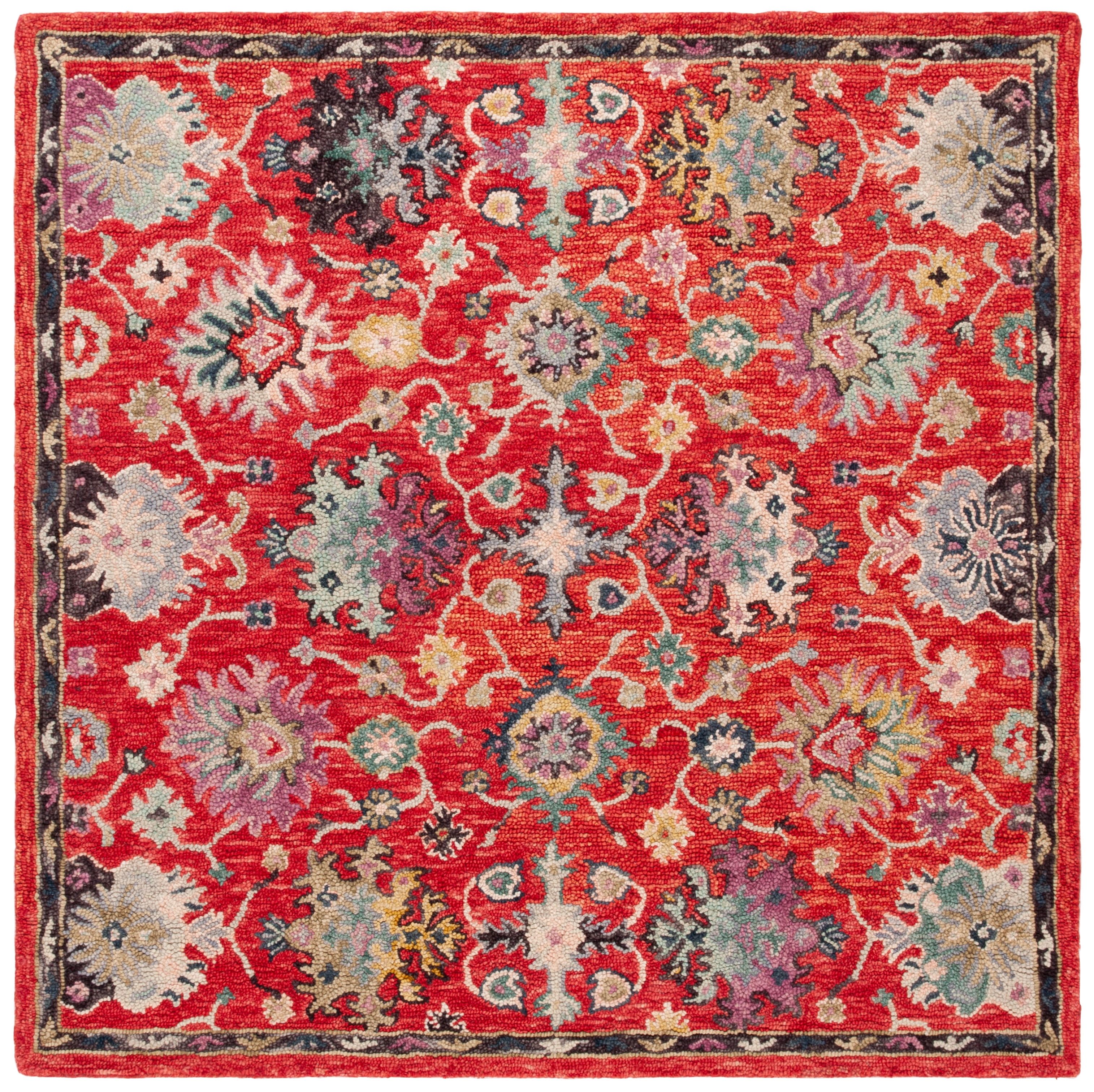 Red and Ivory Floral Tufted Wool Square Rug