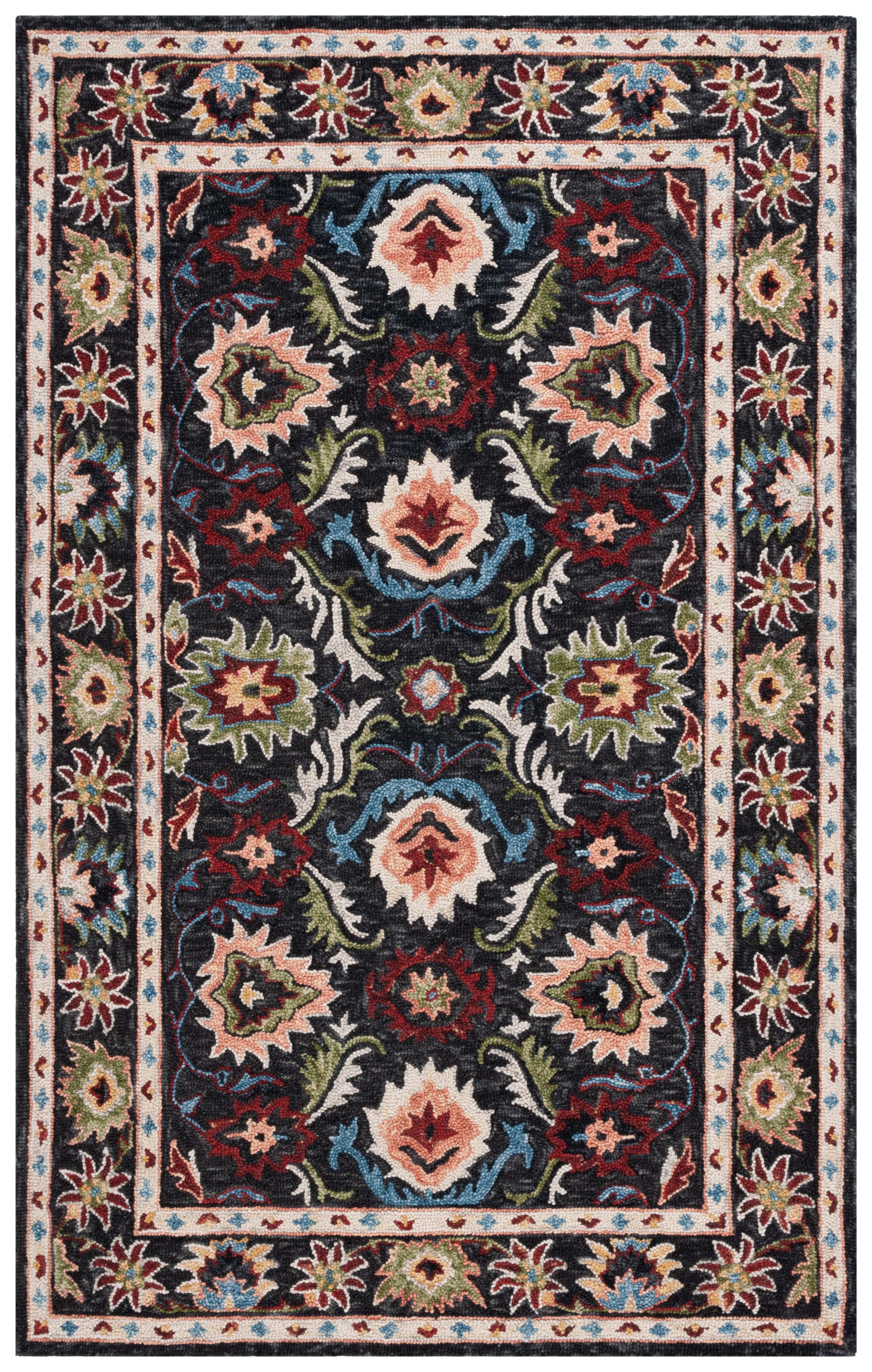 Black and Ivory Floral Wool 8' x 10' Area Rug