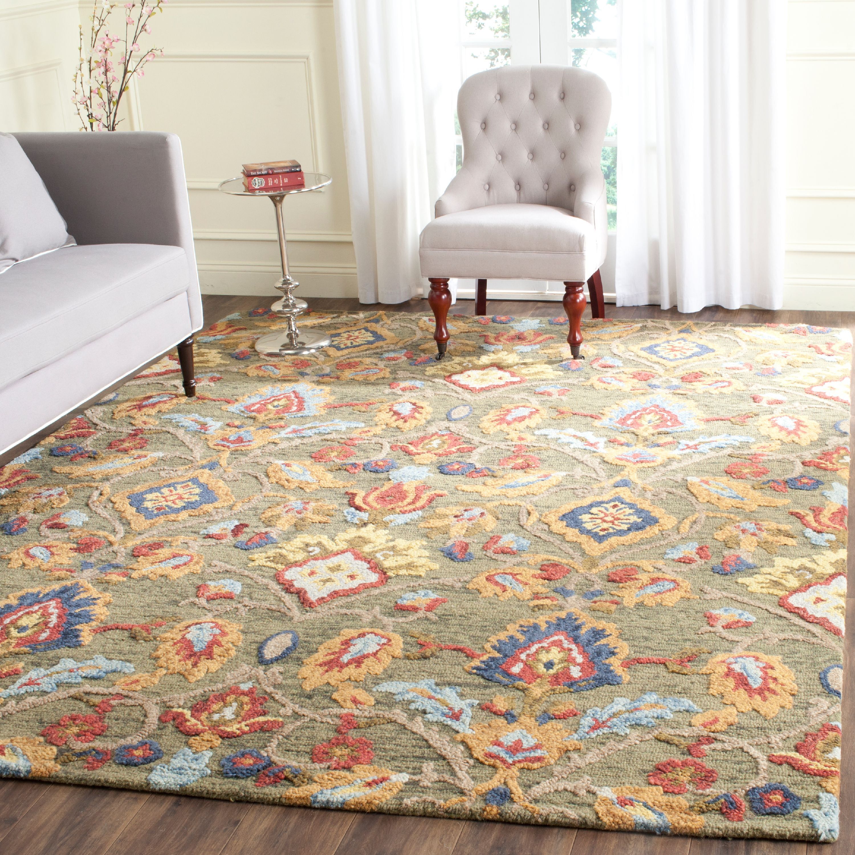 Handmade Blossom Country-Casual Floral Green Wool Area Rug, 11' x 15'