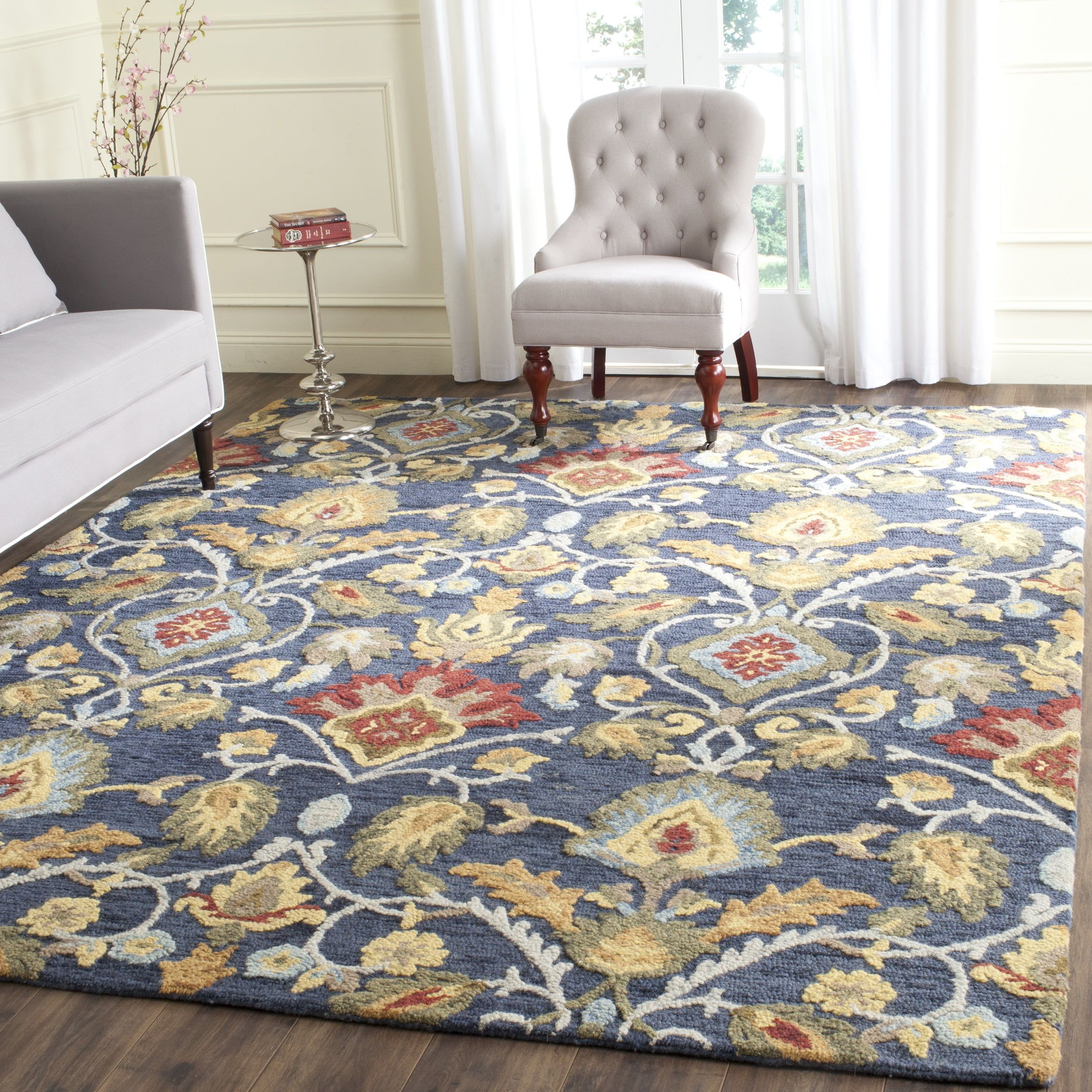 Navy Multi Floral Wool Handmade Rectangular Rug 11' x 15'