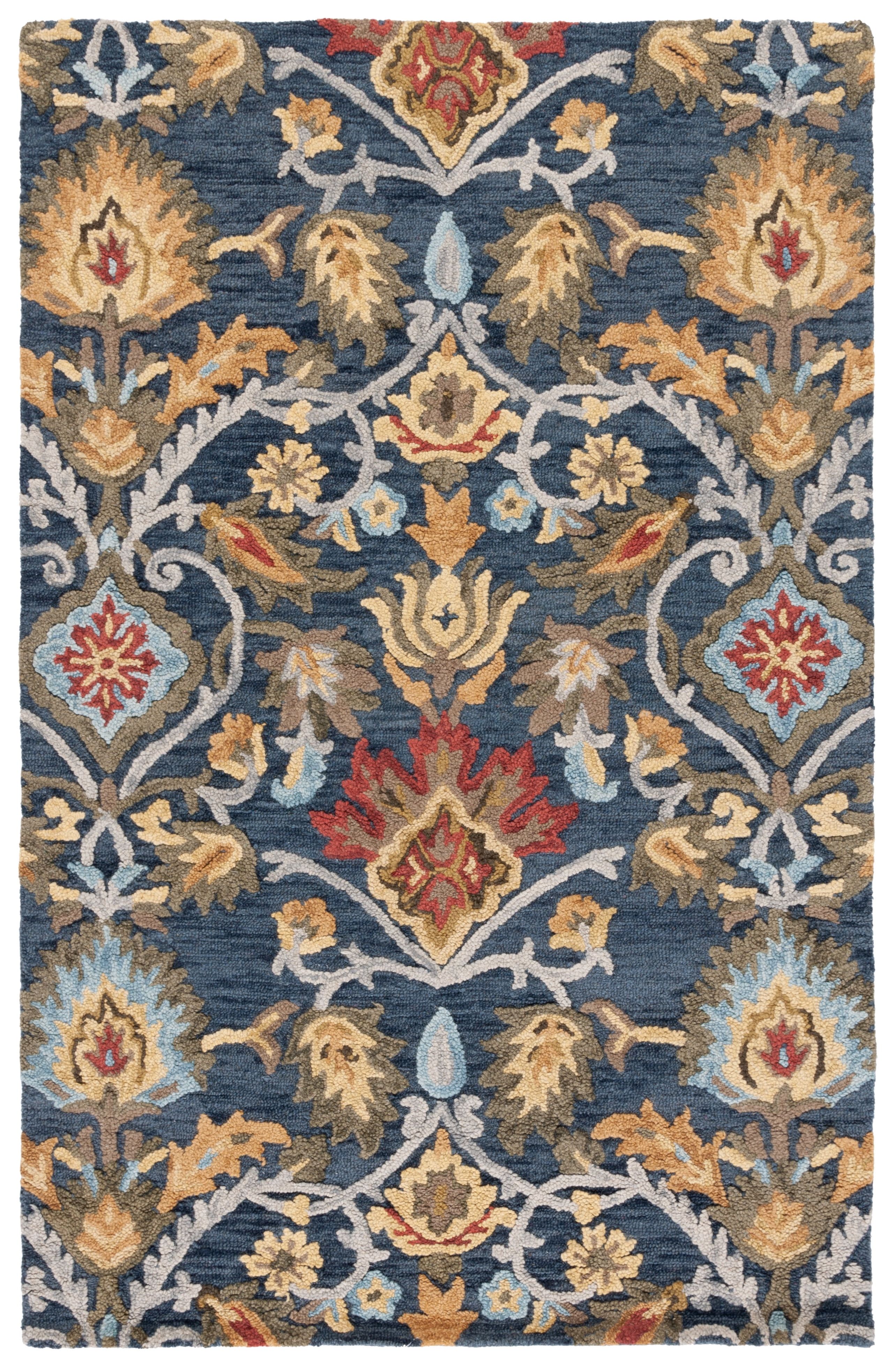 Handmade Navy and Multicolor Floral Wool Area Rug, 5' x 8'