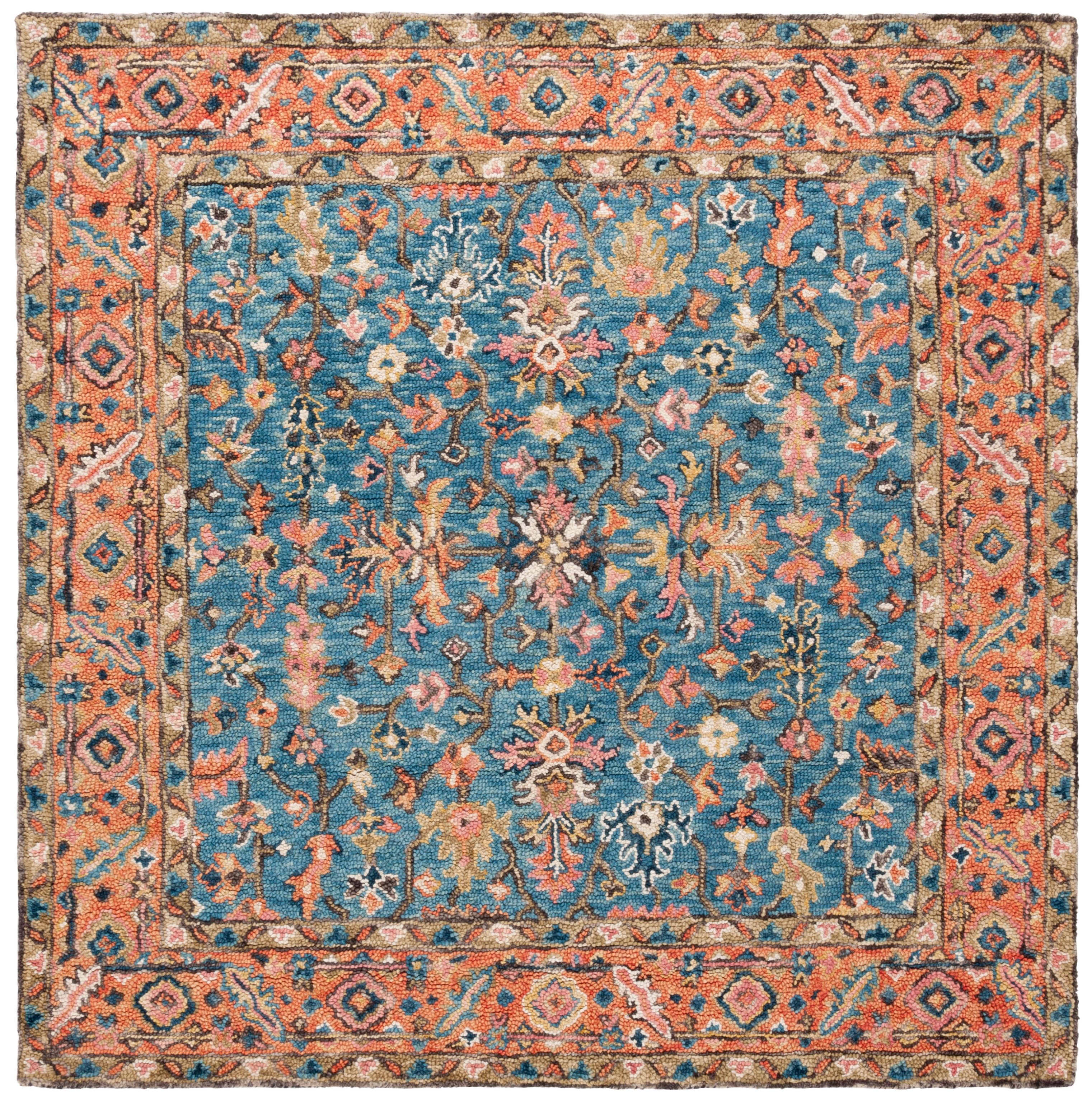 Handmade Blue Floral Wool and Cotton Square Rug