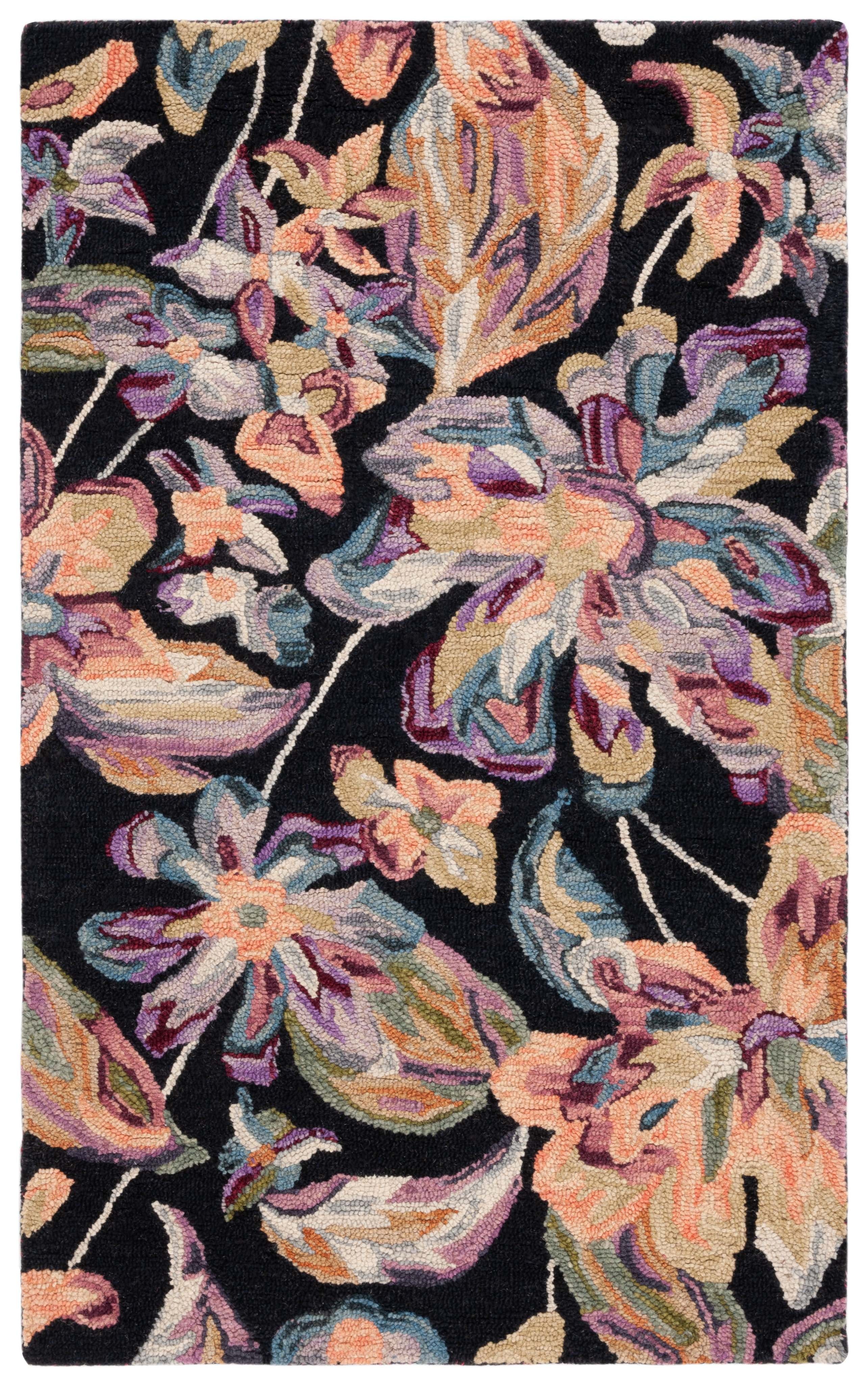 Handmade Black and Plum Floral Wool Area Rug, 3' x 5'