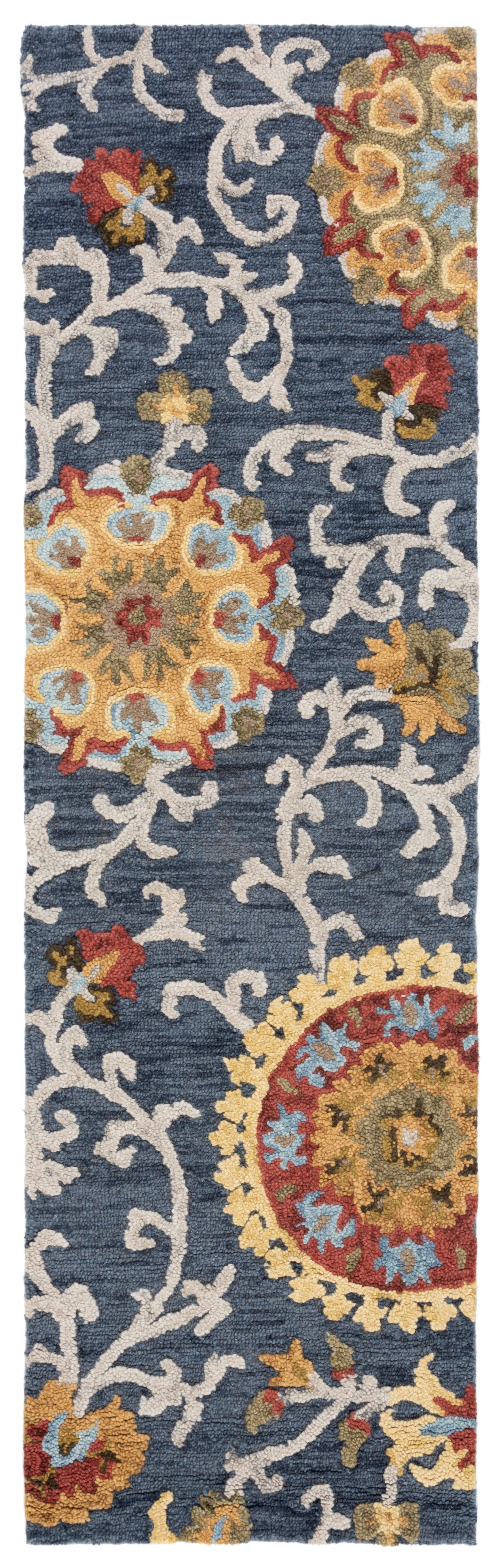 Handmade Red and Navy Floral Wool Runner Rug, 2'3" x 8'