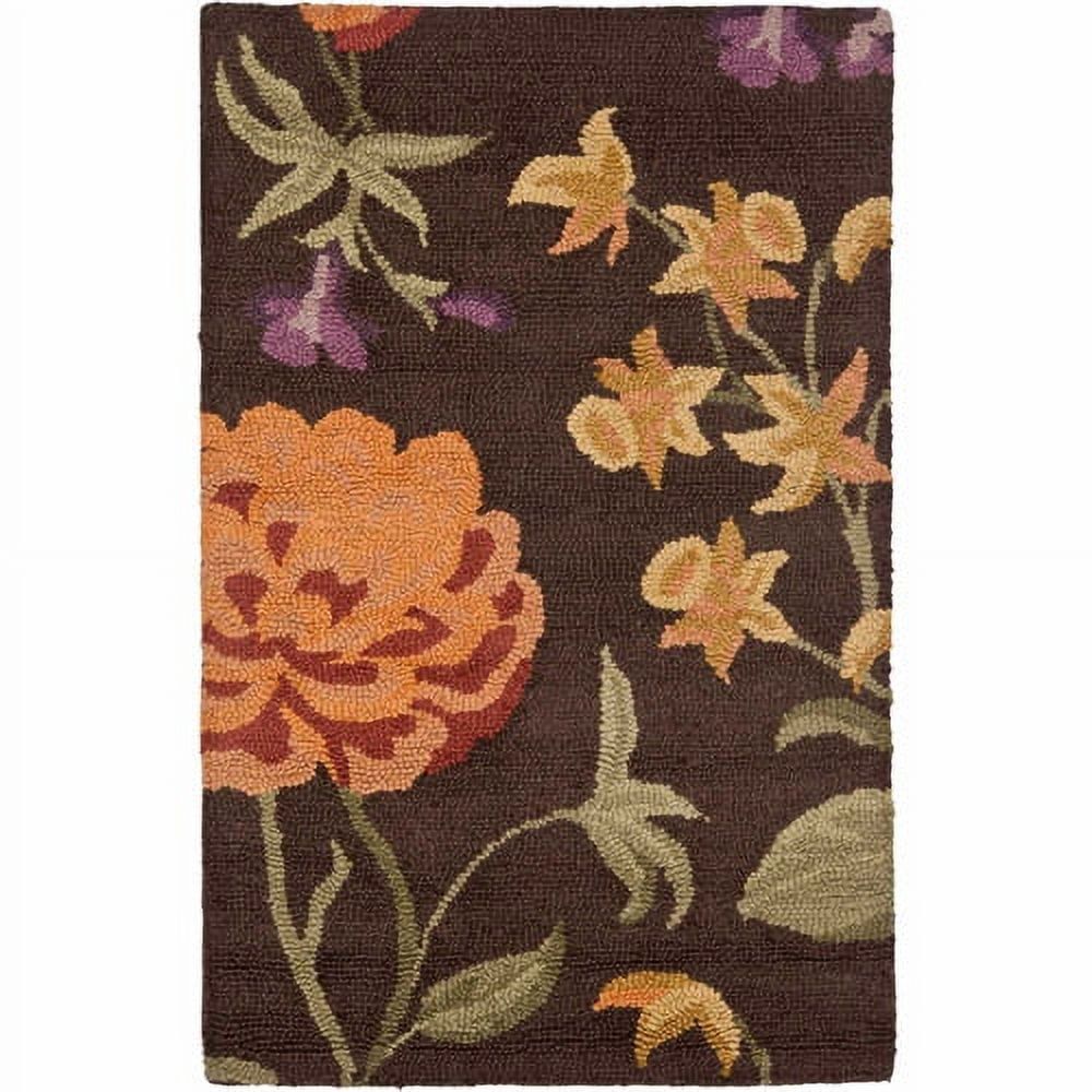 Ivory and Brown Floral Handmade Wool Area Rug, 3' x 5'