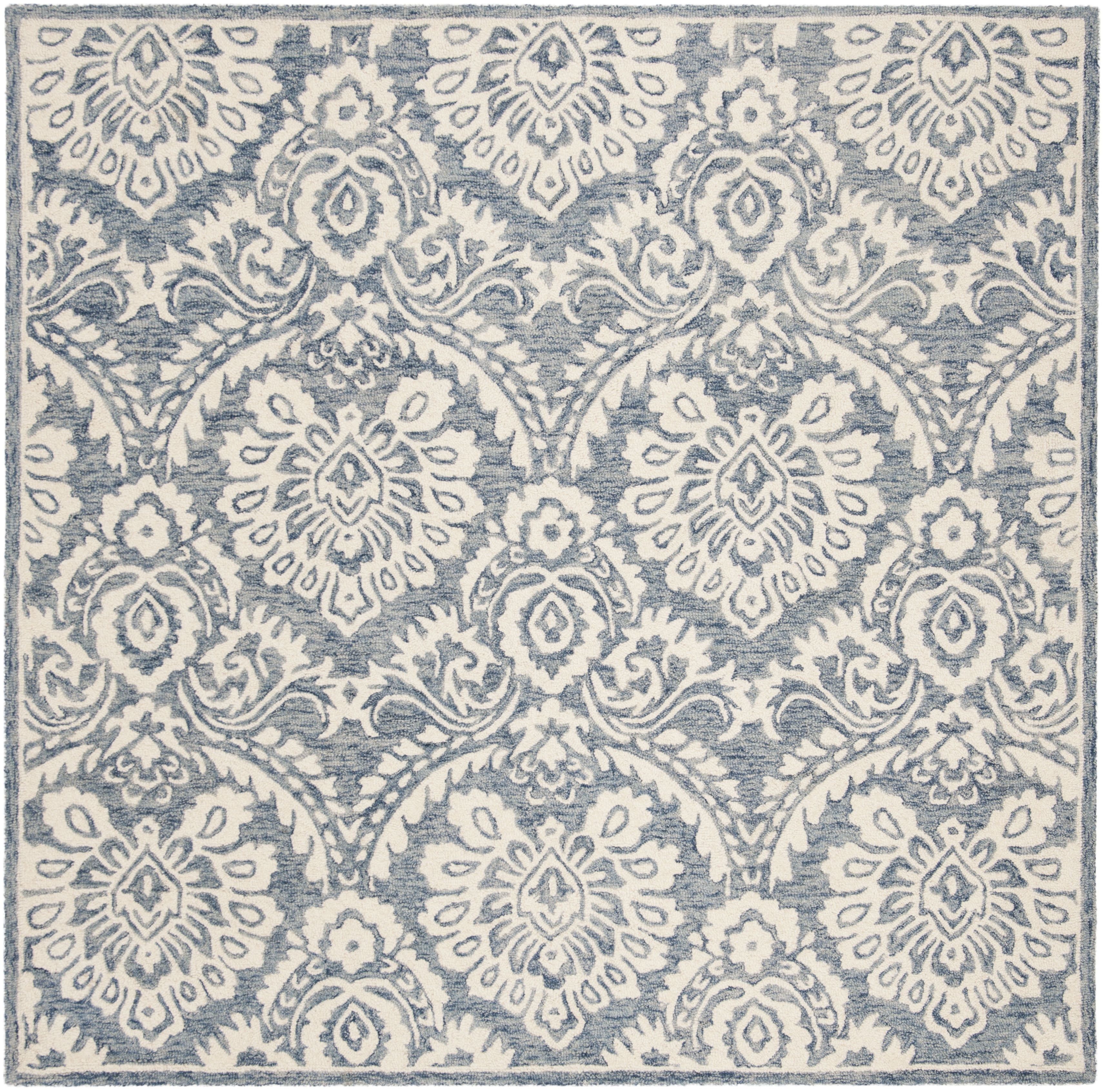 Ivory and Blue Handmade Wool Tufted Square Rug, 8' x 8'