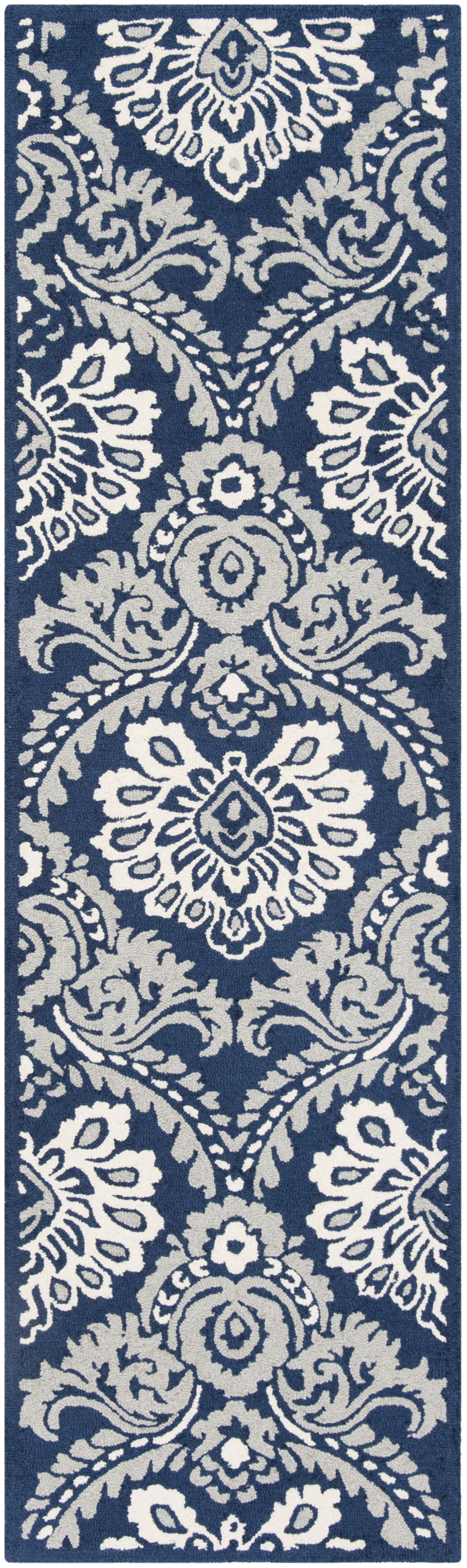Handmade Navy and Ivory Wool Floral Runner Rug, 2'3" x 8'
