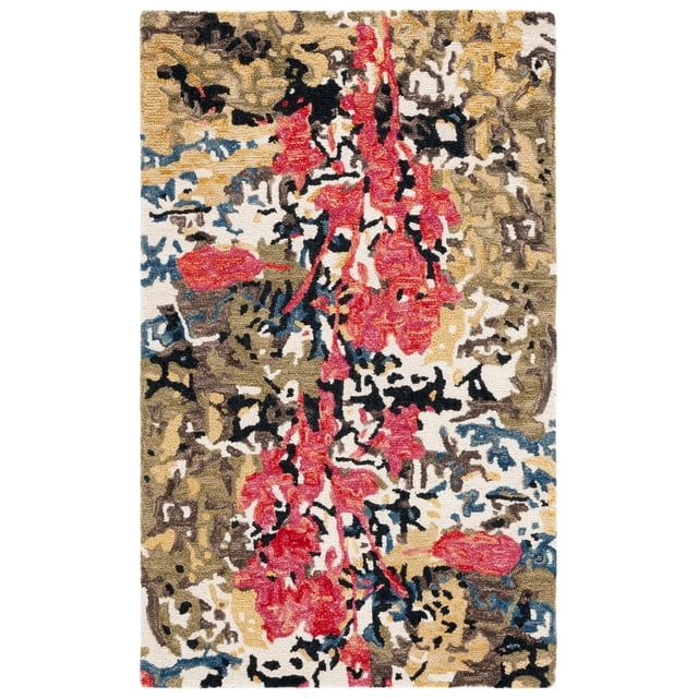 Ivory and Green Handmade Wool Floral Area Rug, 3' x 5'