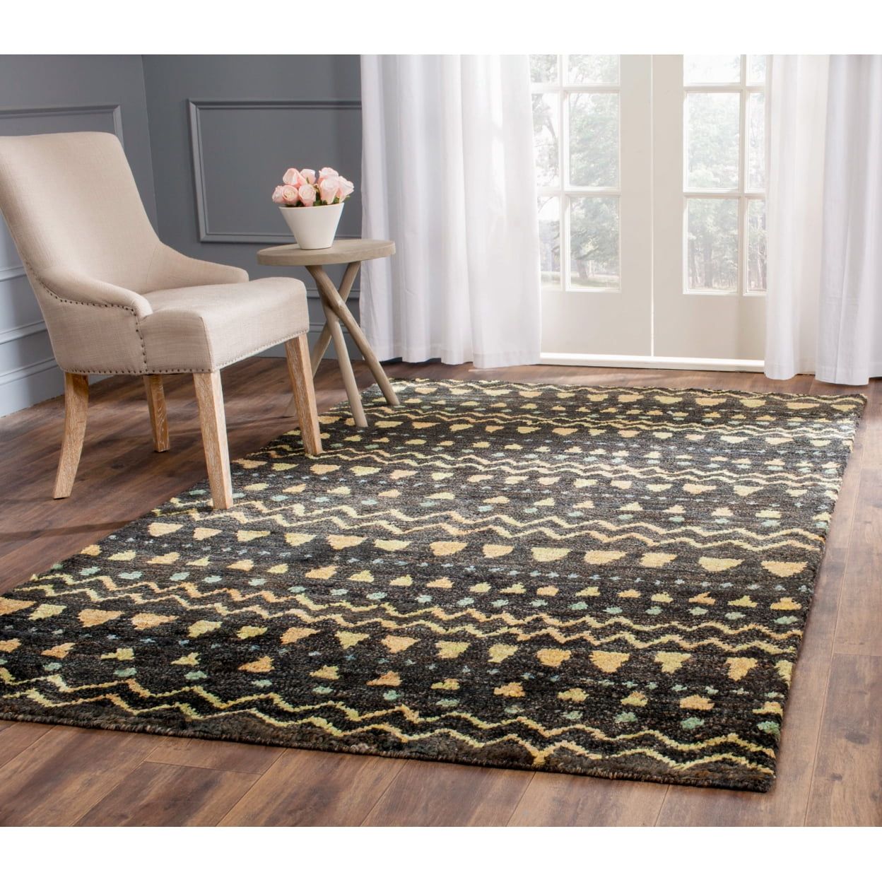 Hand-Knotted Black and Gold Bohemian Jute Area Rug, 4' x 6'