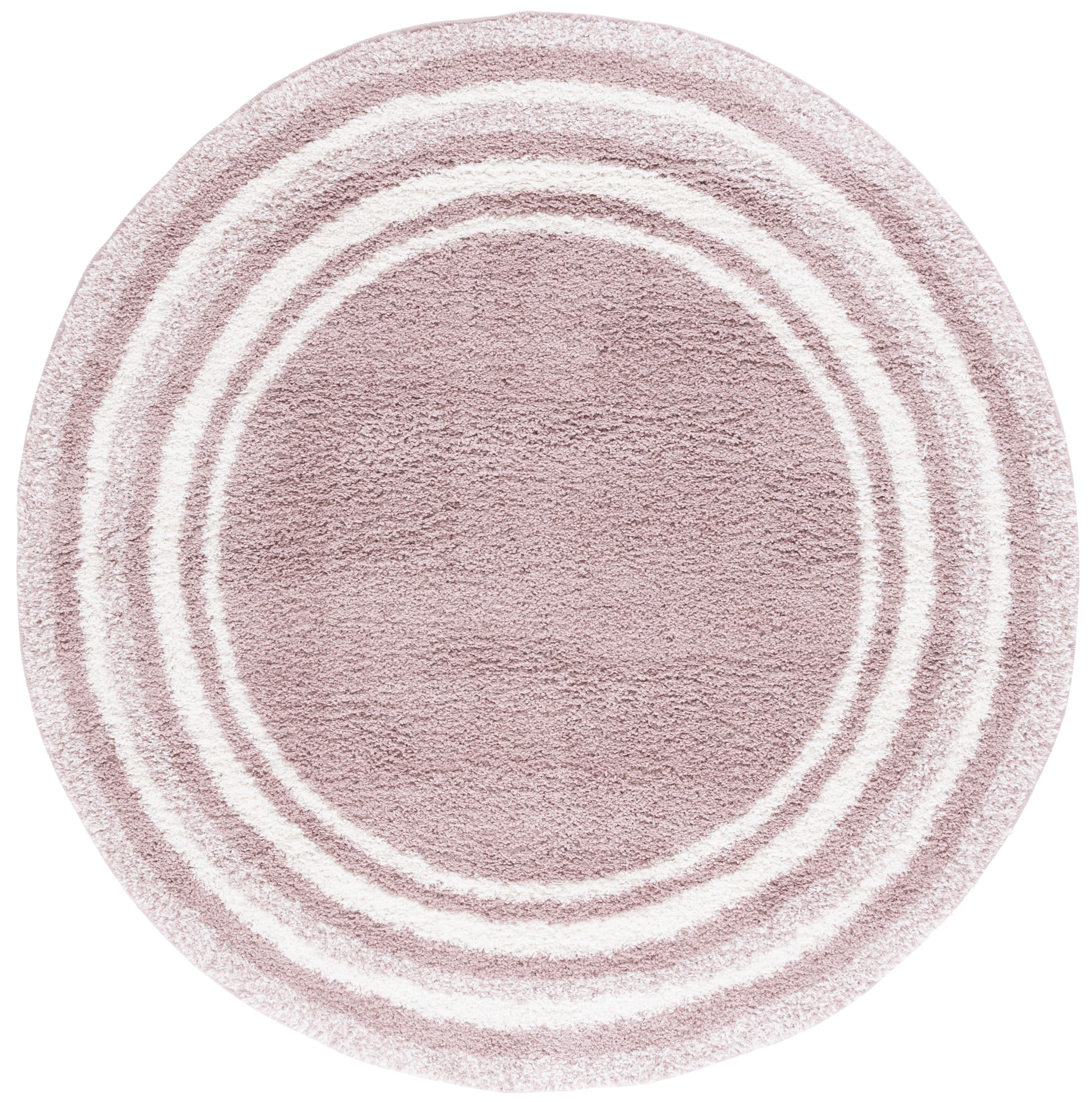 Ivory Round Tufted Shag Area Rug with Stripes, 6'7"