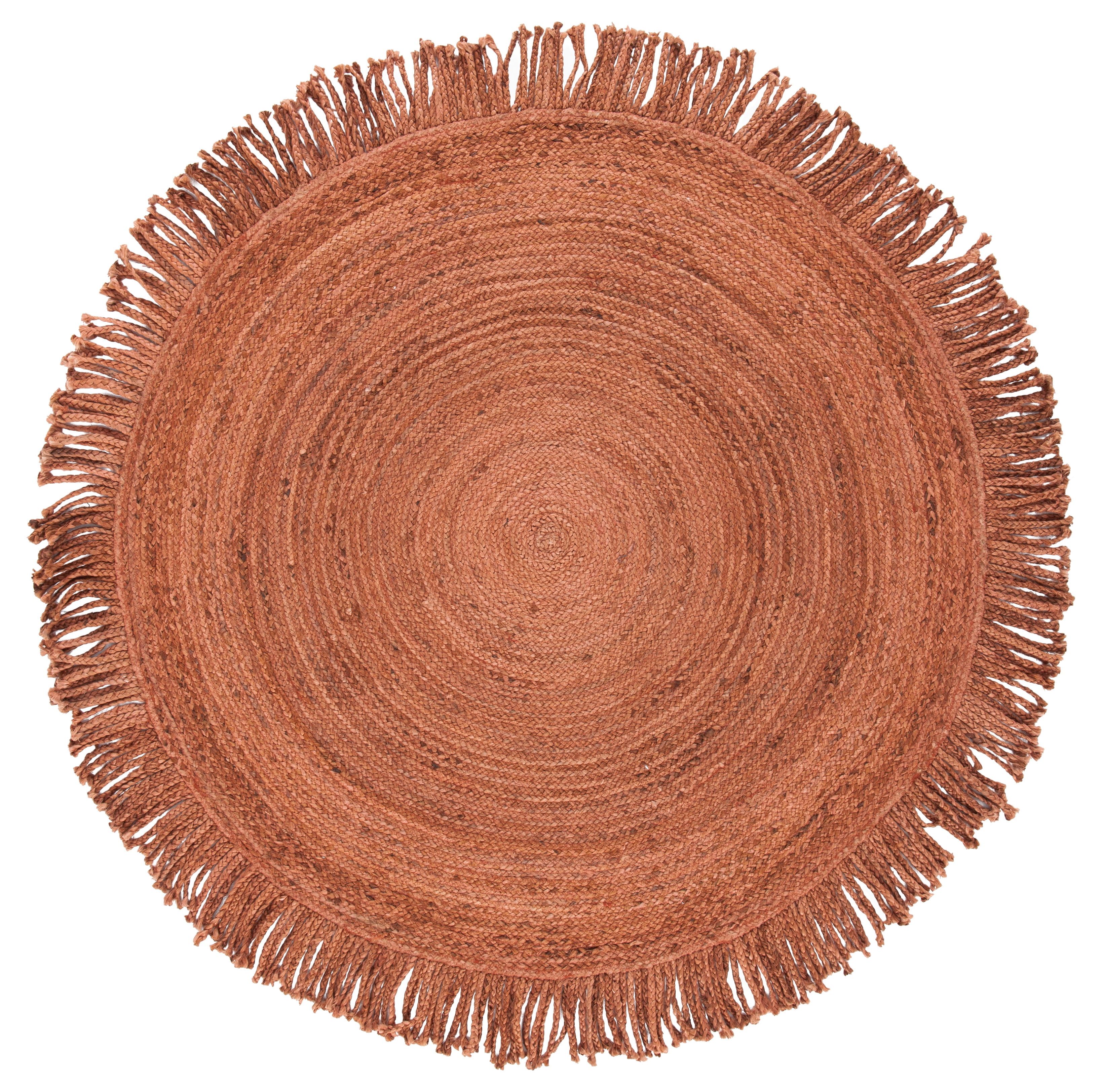 Rust Braided Handmade Round Fringed Area Rug, 5' x 5'