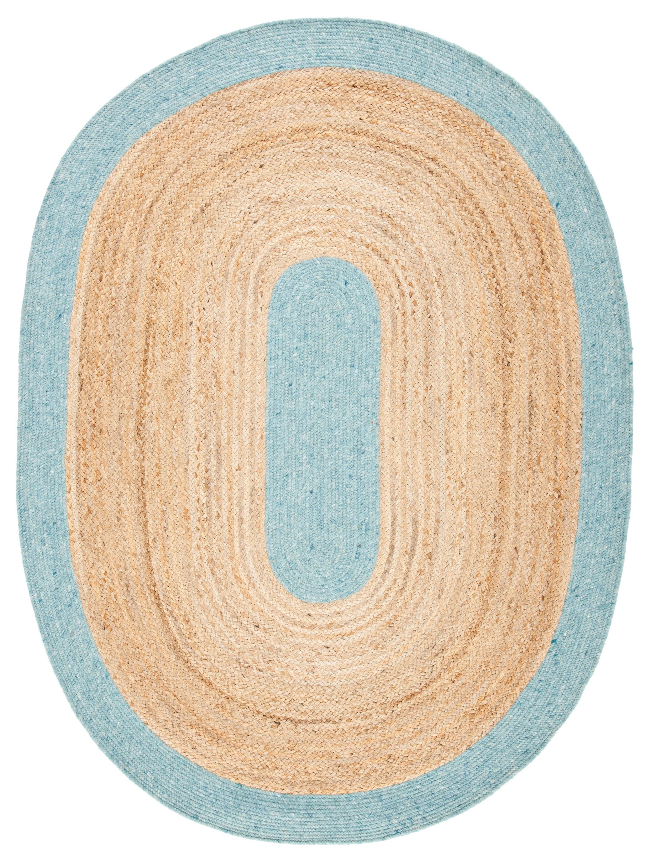 Handmade Blue and Natural Oval Braided Wool Cotton Rug 5' x 7'