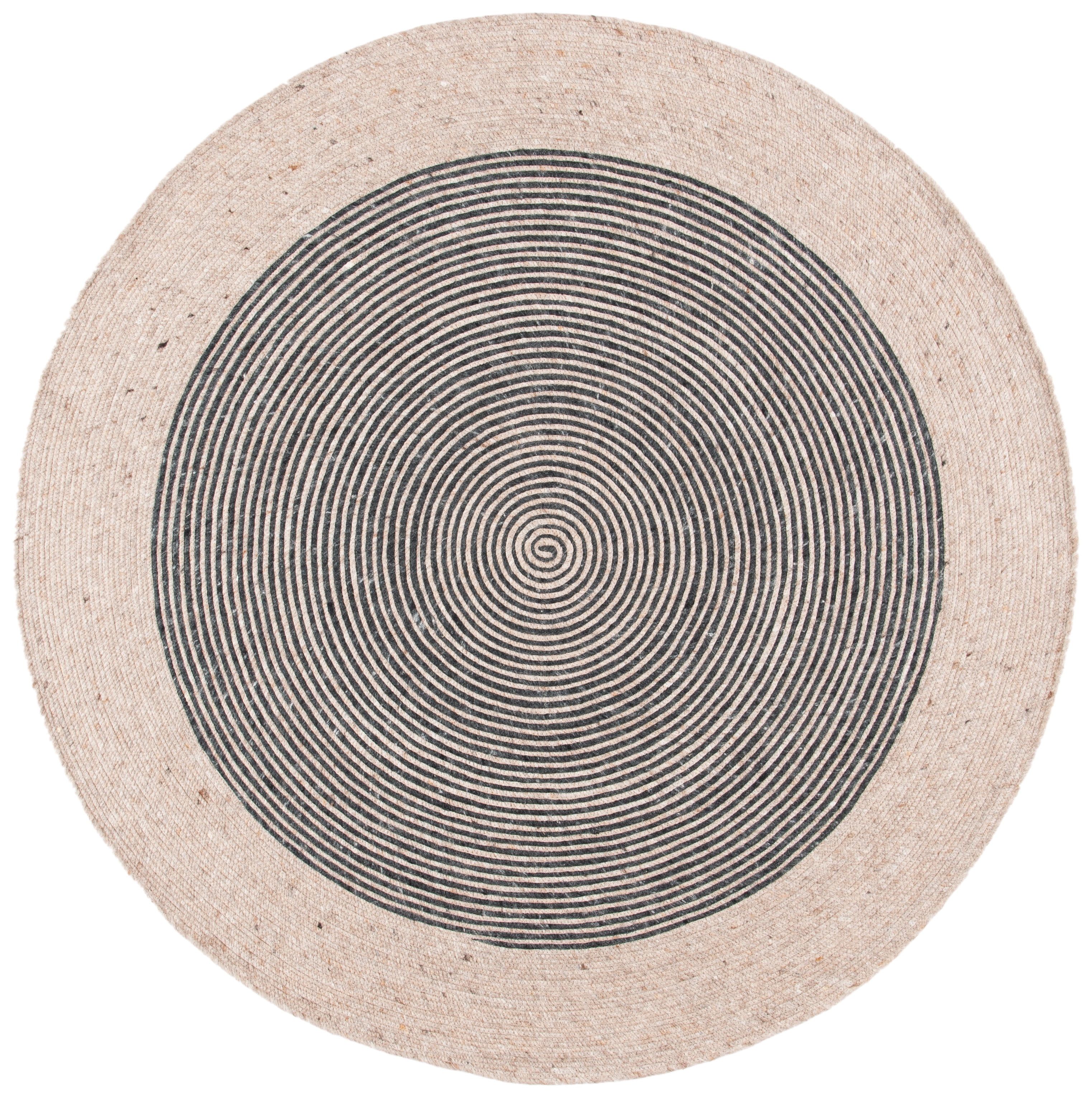 Handmade Beige and Black Geometric Wool Round Rug, 7'