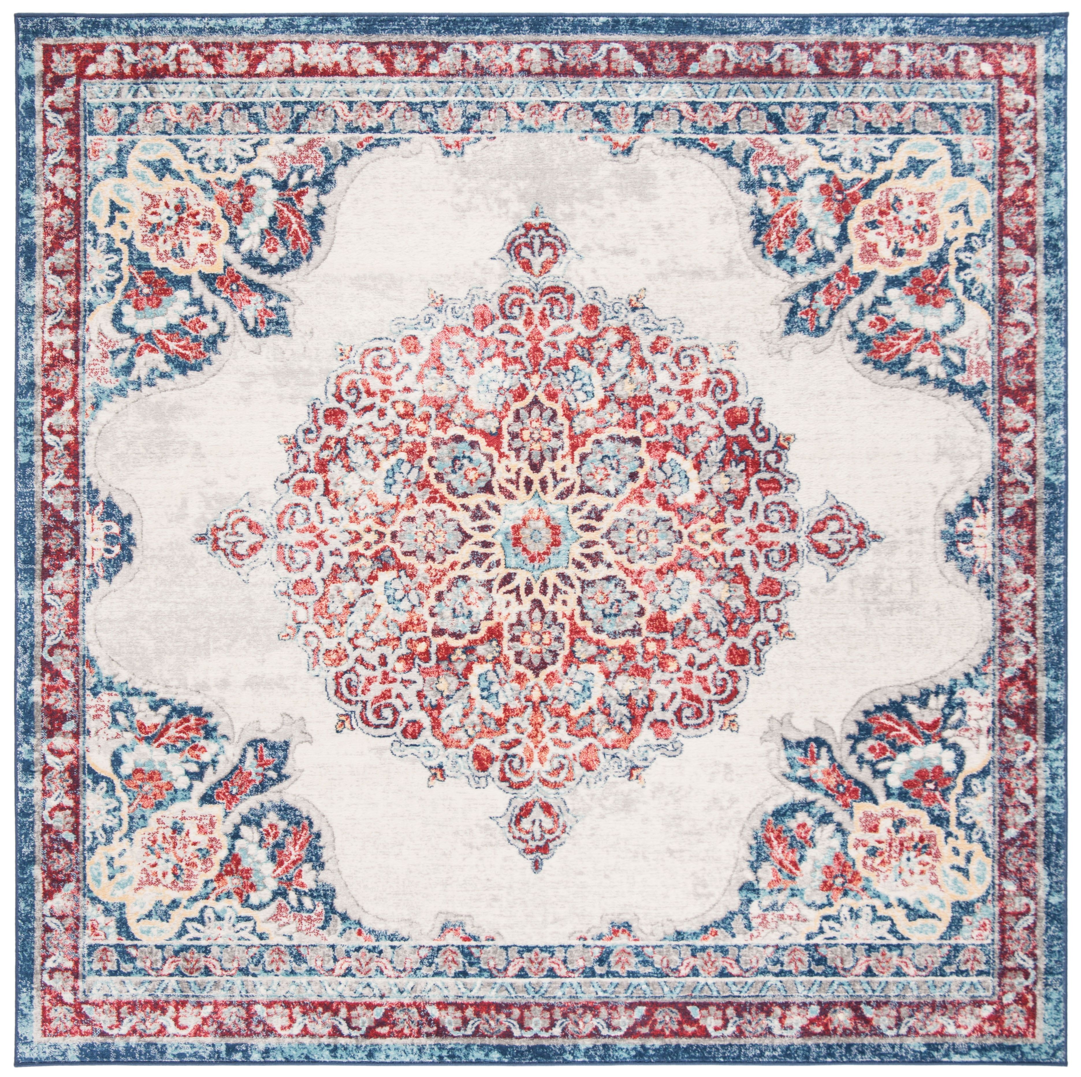 Ivory and Red Synthetic Square Oriental Area Rug