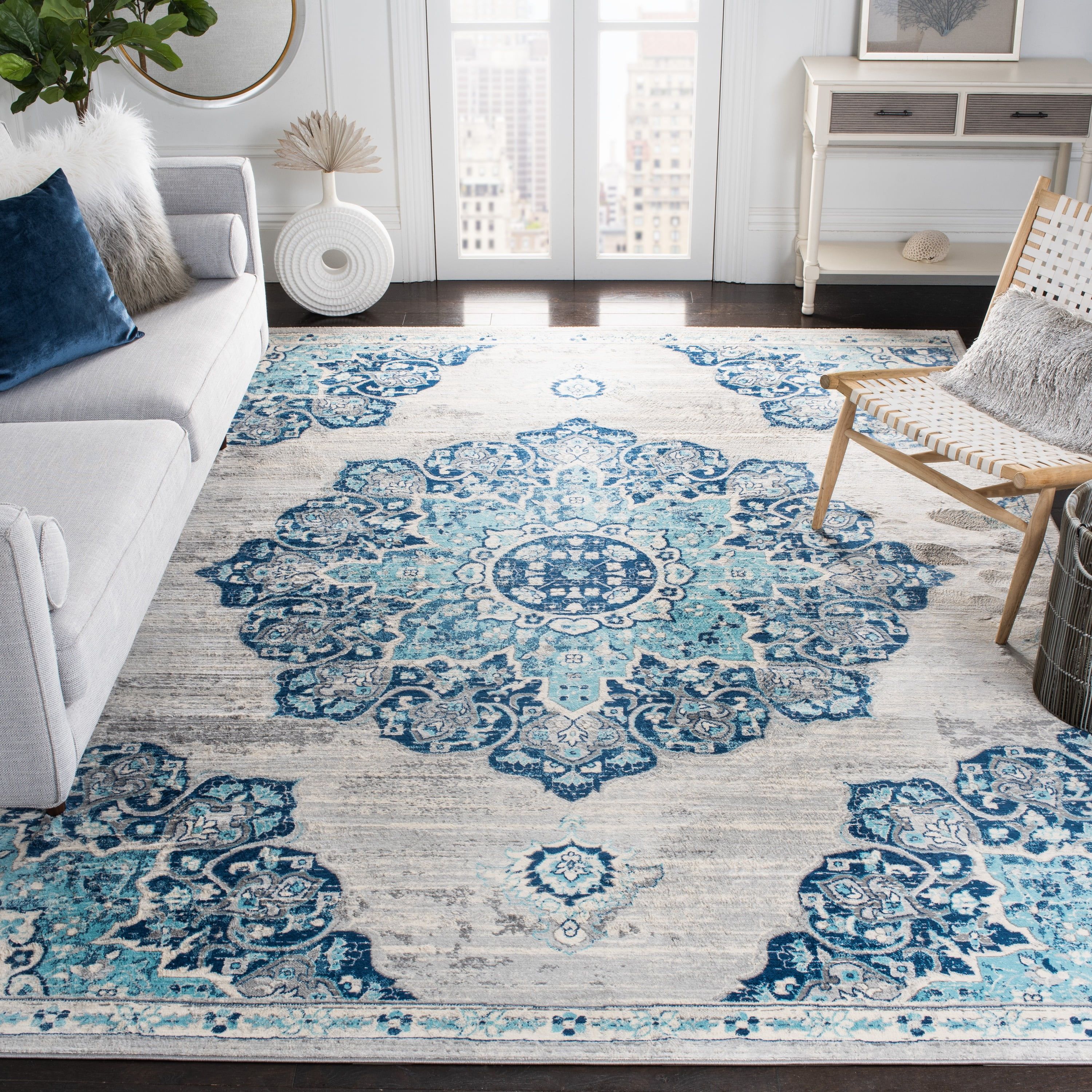 Brentwood Navy and Gray Floral 11' x 15' Synthetic Area Rug