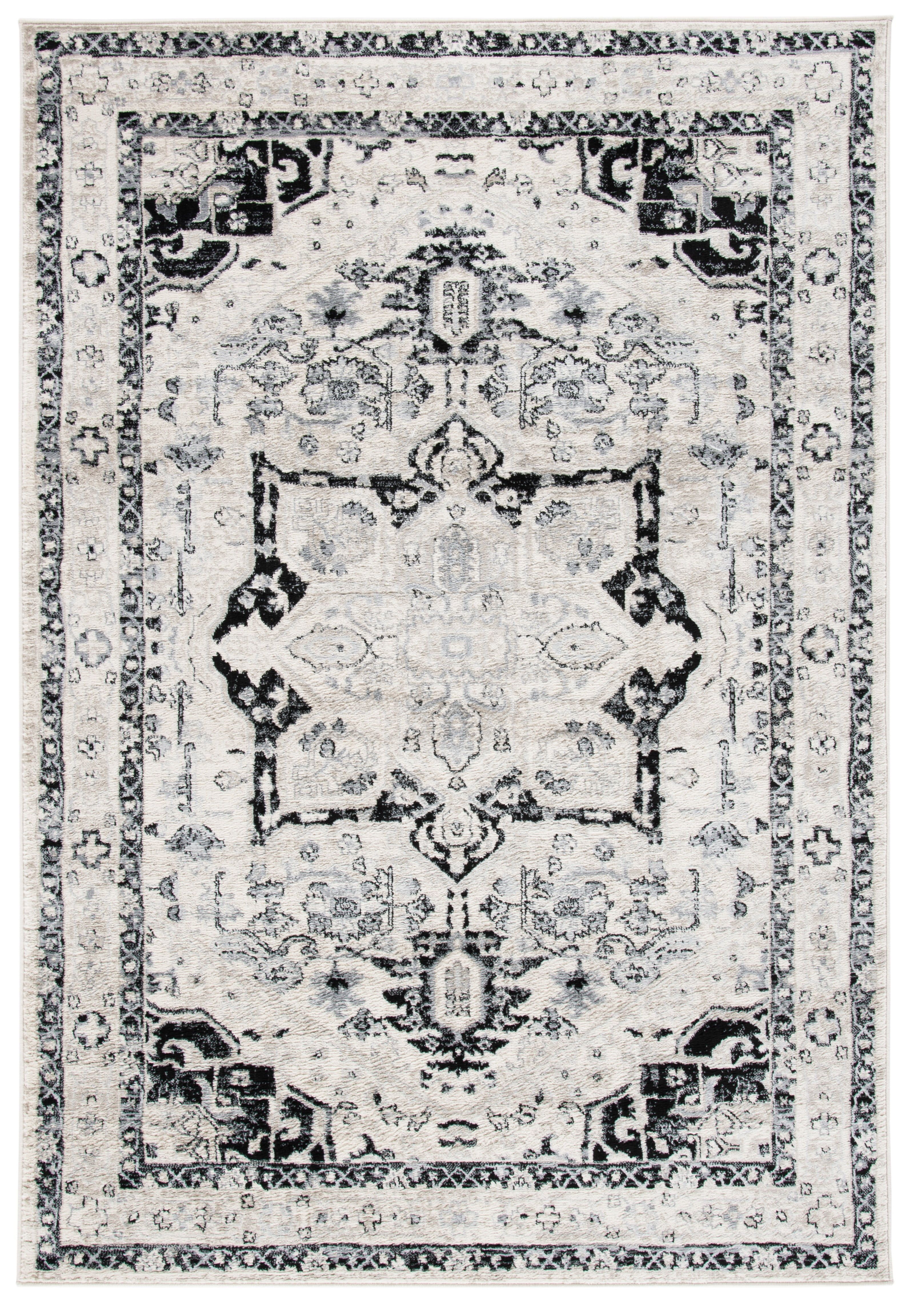 Ivory and Black Synthetic Traditional Square Rug, 3' x 5'