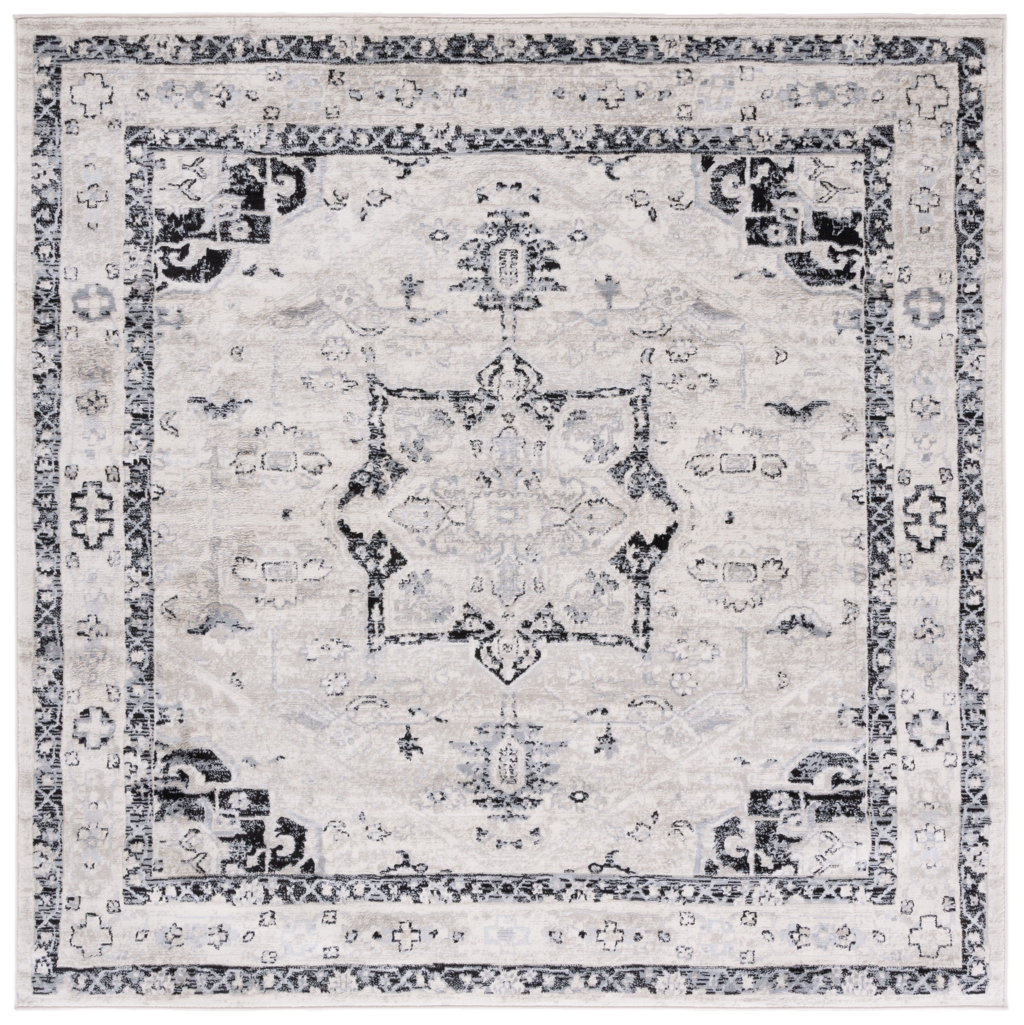 Ivory and Black Square Synthetic Stain-Resistant Area Rug