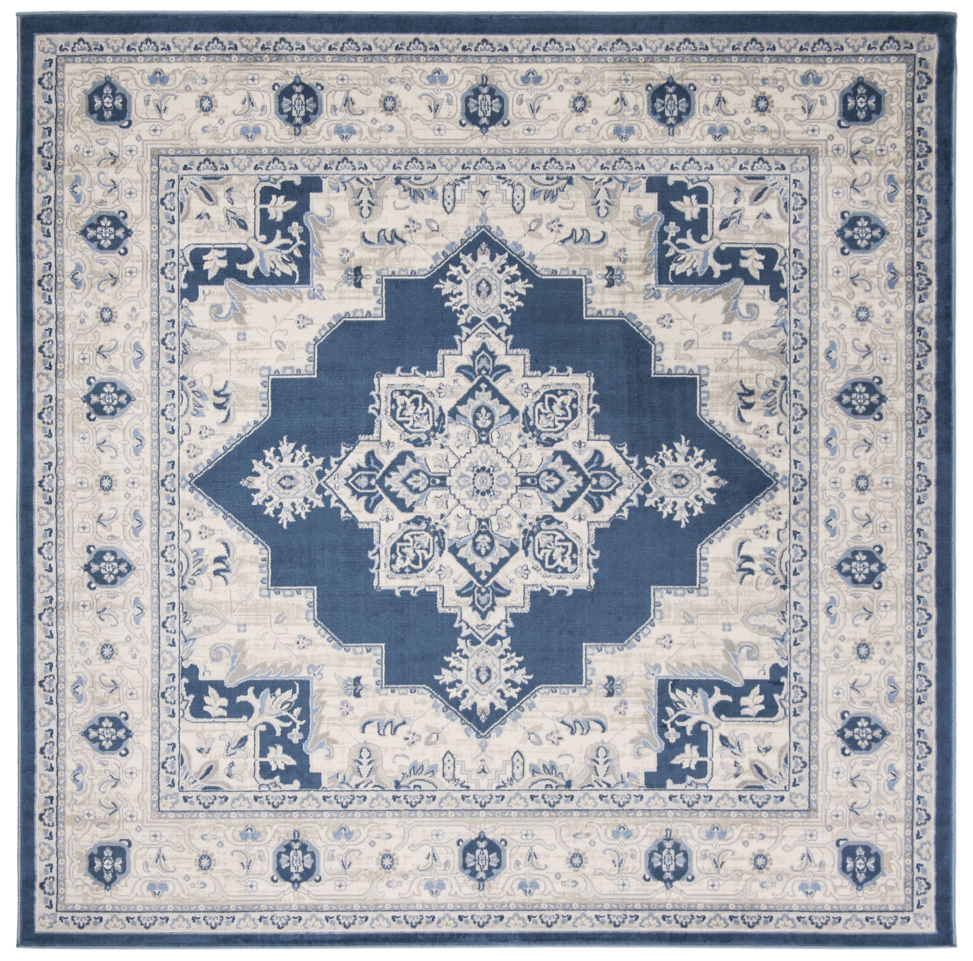 Navy and Cream Square Hand-Knotted Synthetic Area Rug, 8' x 8'