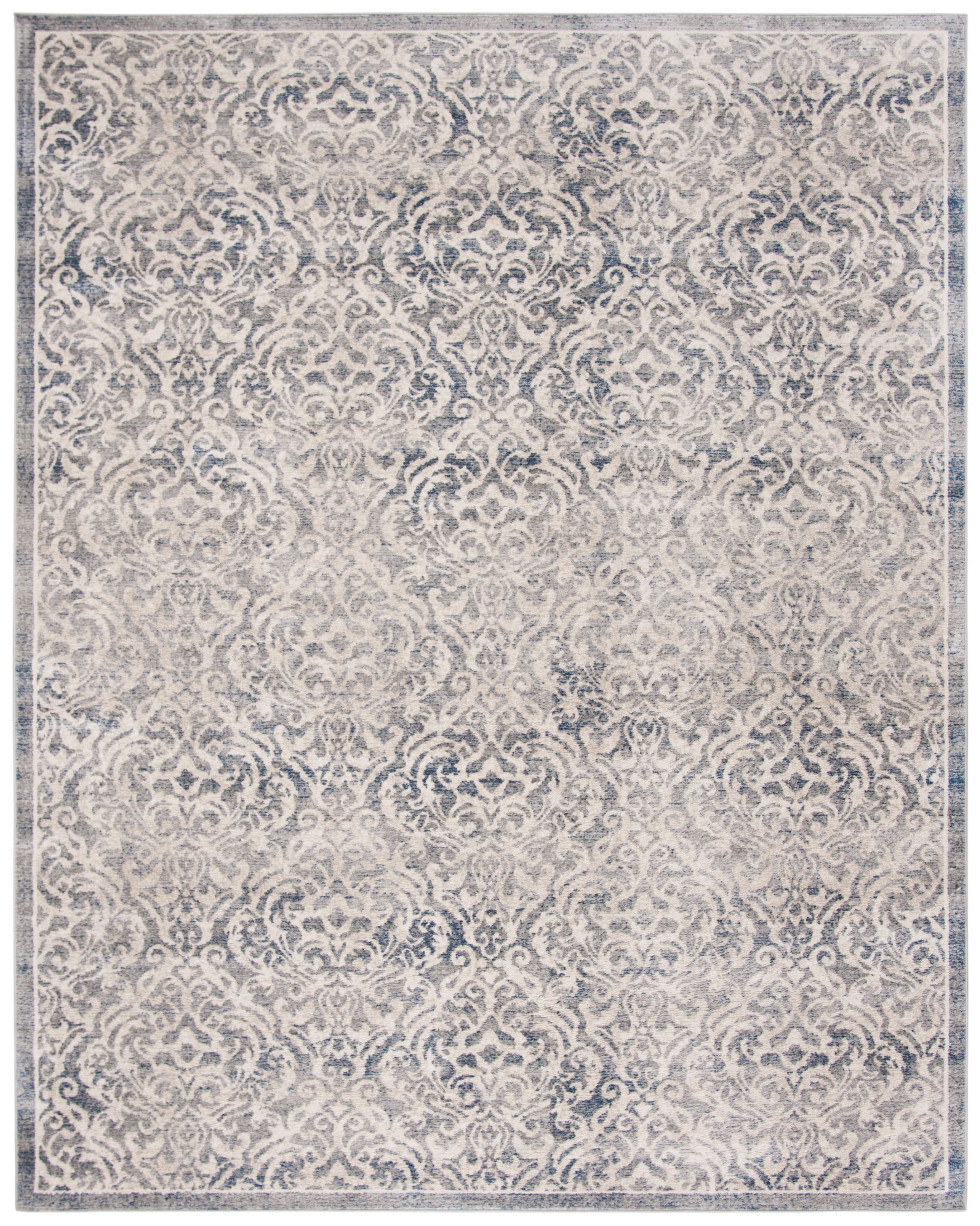 Light Grey and Blue Damask Synthetic Area Rug, 9' x 12'