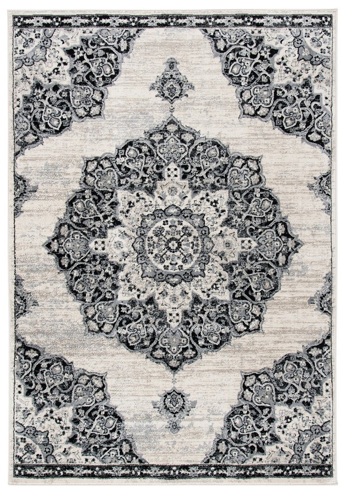 Ivory and Black Synthetic Rectangular 9' x 12' Area Rug