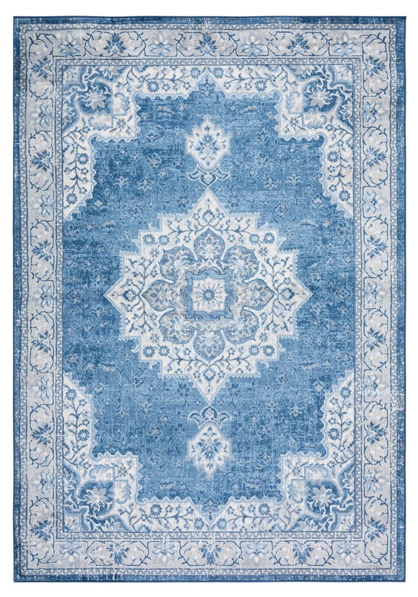 Ivory and Navy Rectangular Stain-Resistant Synthetic Area Rug