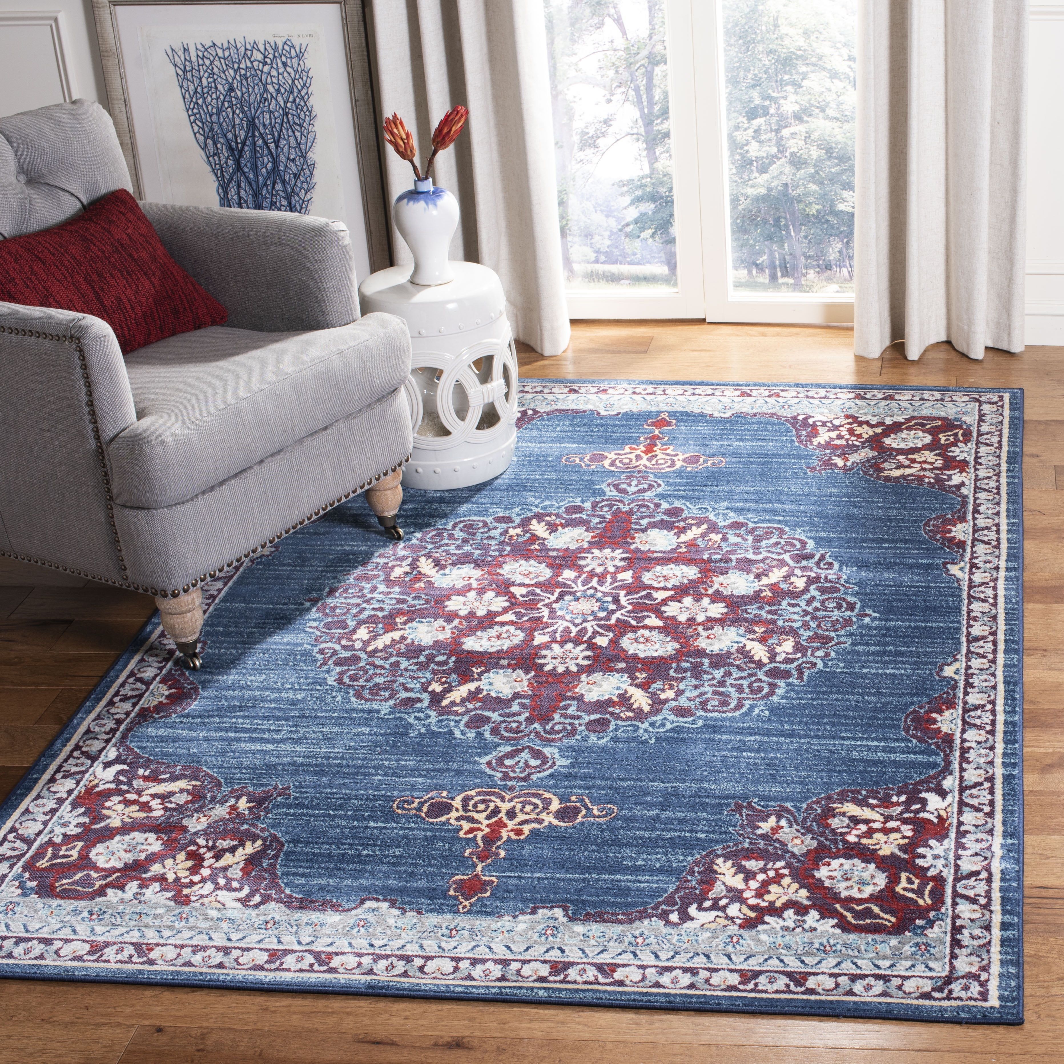 Brentwood Navy and Burgundy Round Synthetic Area Rug
