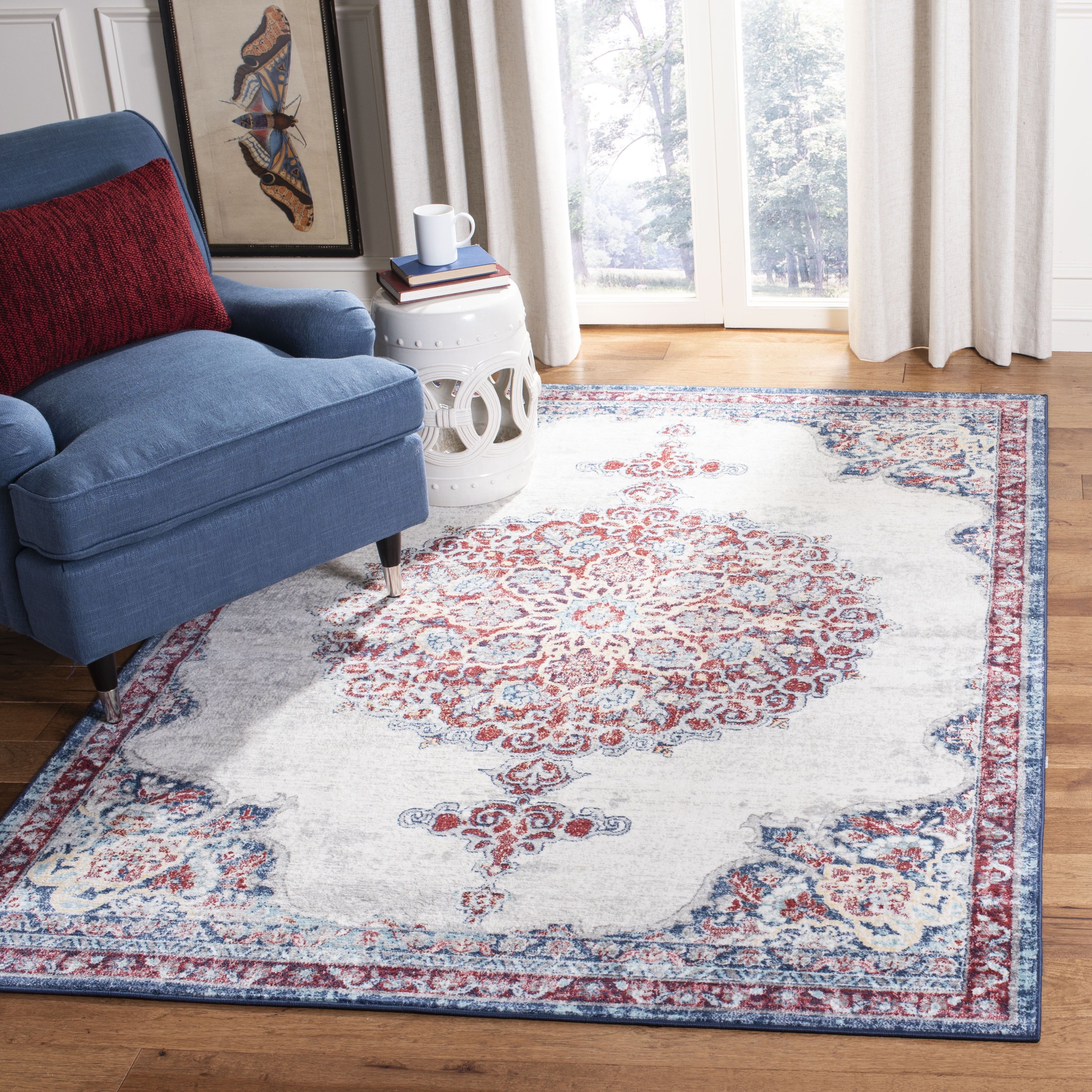 Ivory and Red Floral Synthetic 8' x 10' Area Rug