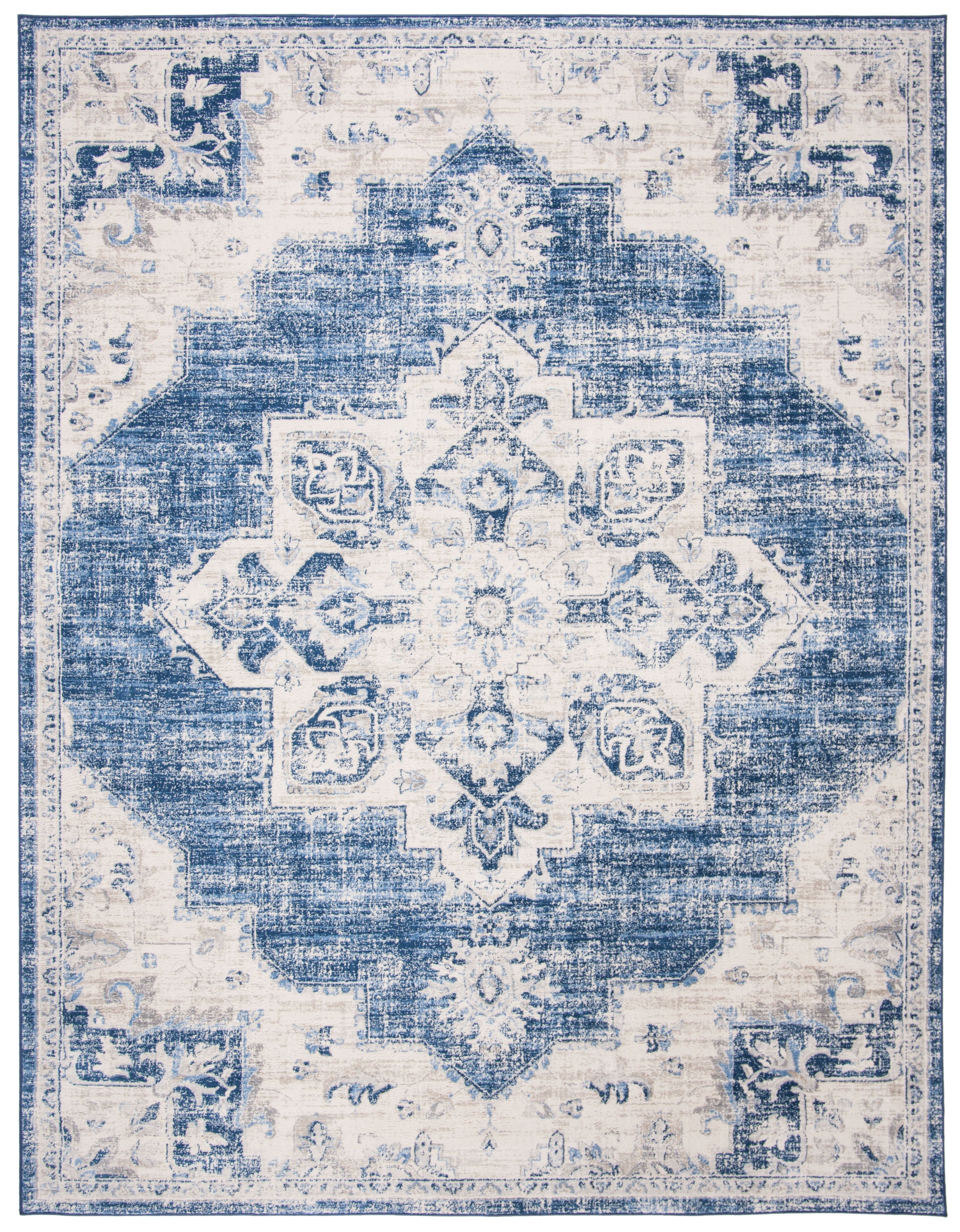 Ivory and Navy Synthetic Rectangular Area Rug, 12' x 18'