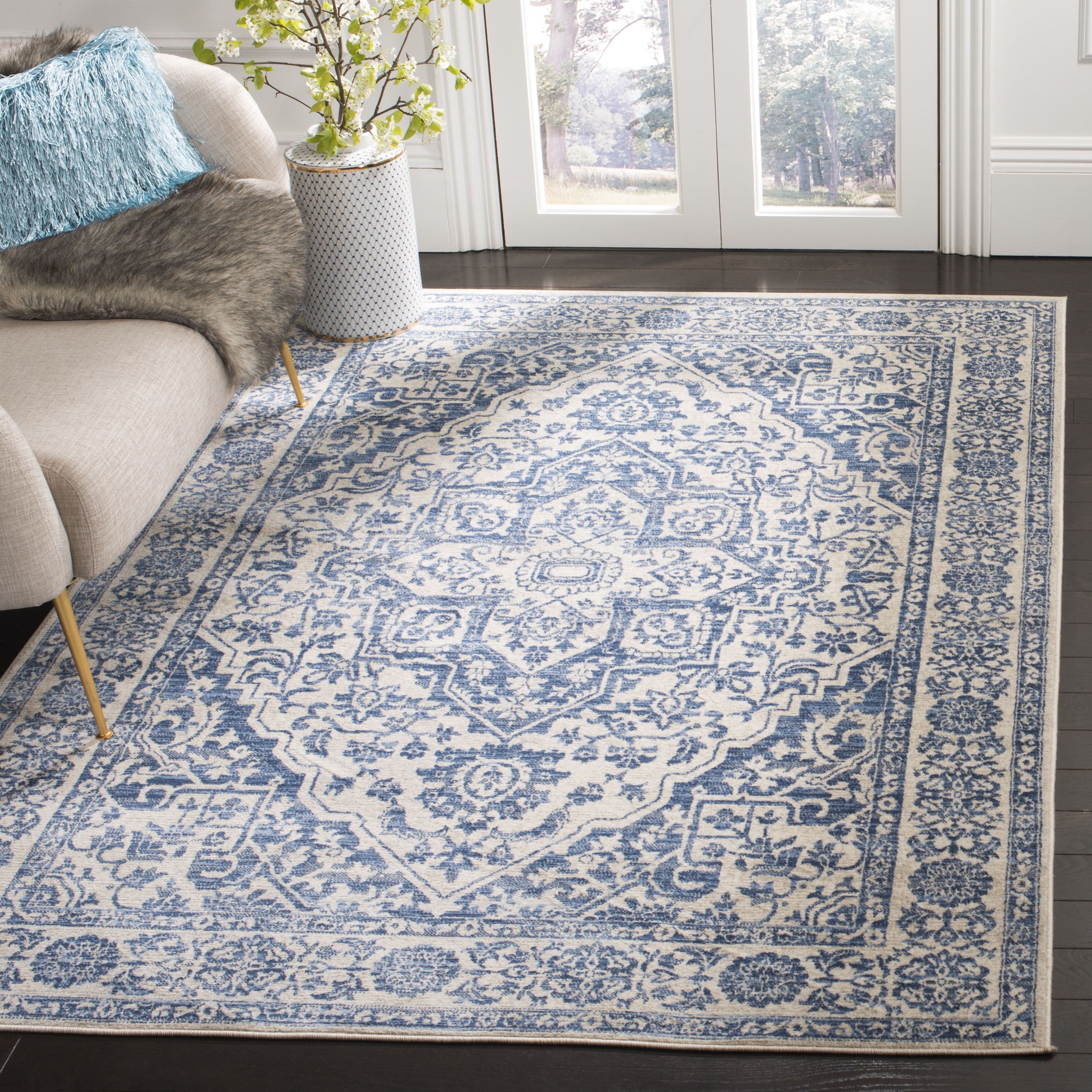 Navy and Light Grey Floral Border 8' x 10' Area Rug