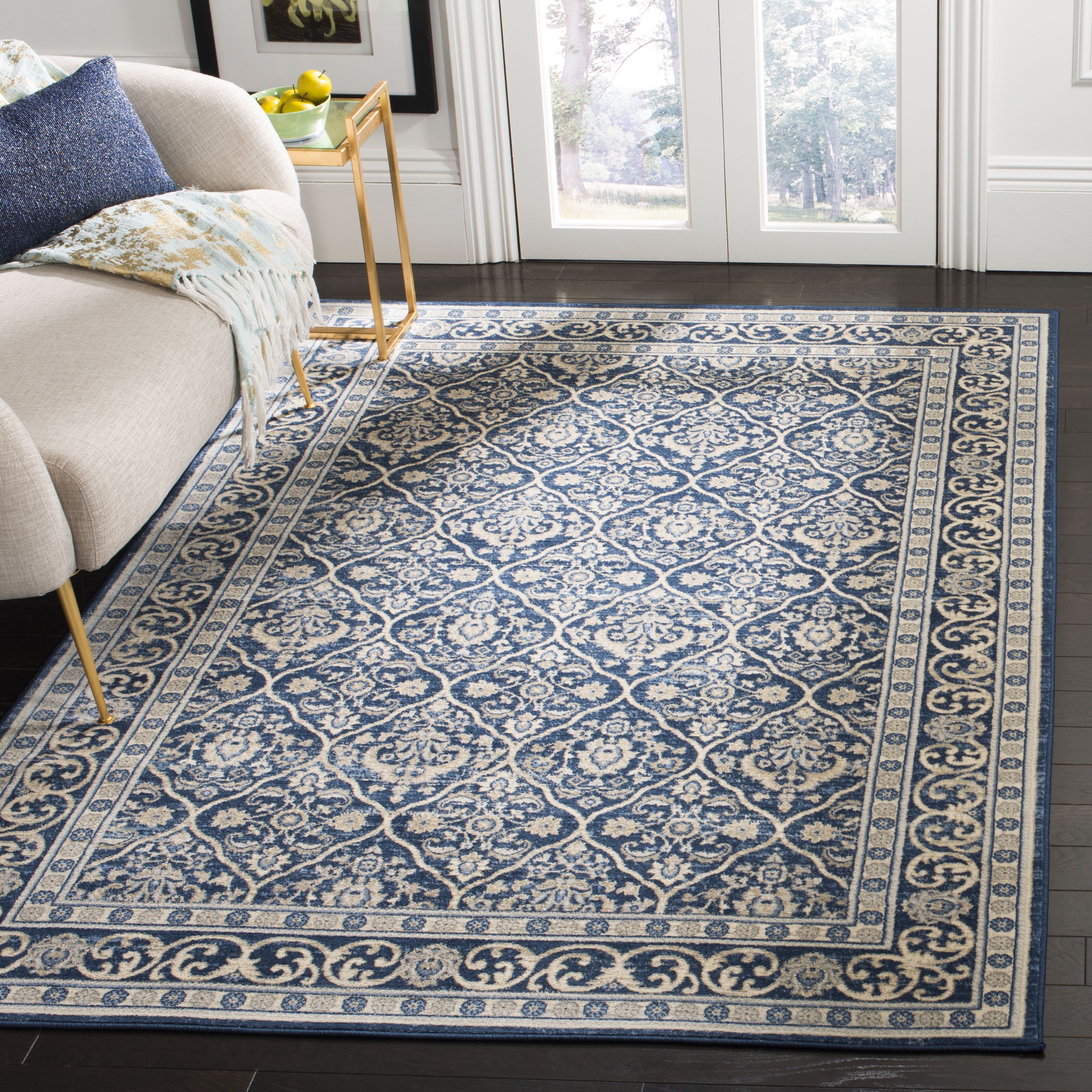 Elegant Square Navy and Light Grey Synthetic Area Rug, 6'7" Square