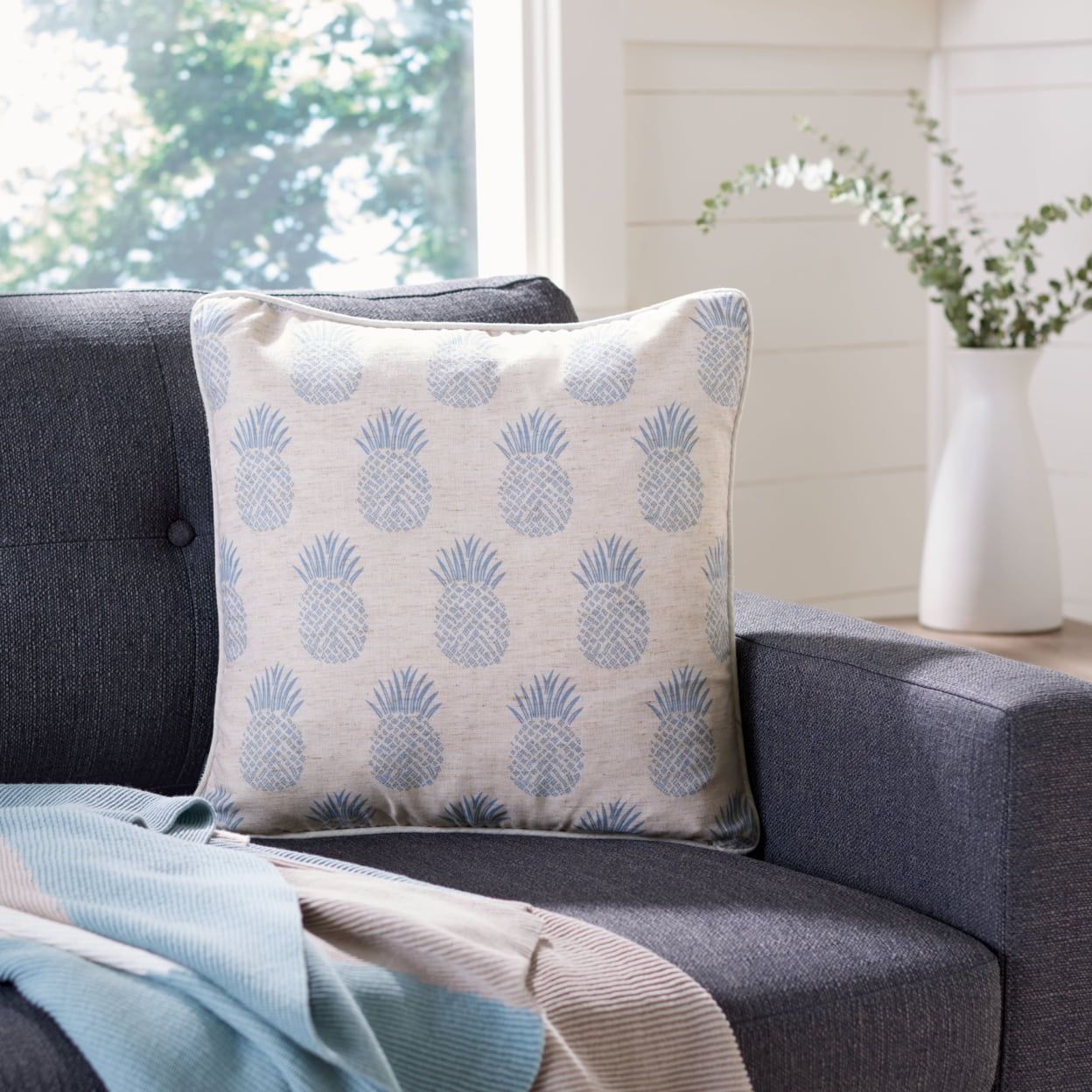 Blue and White Embroidered Pineapple Square Pillow