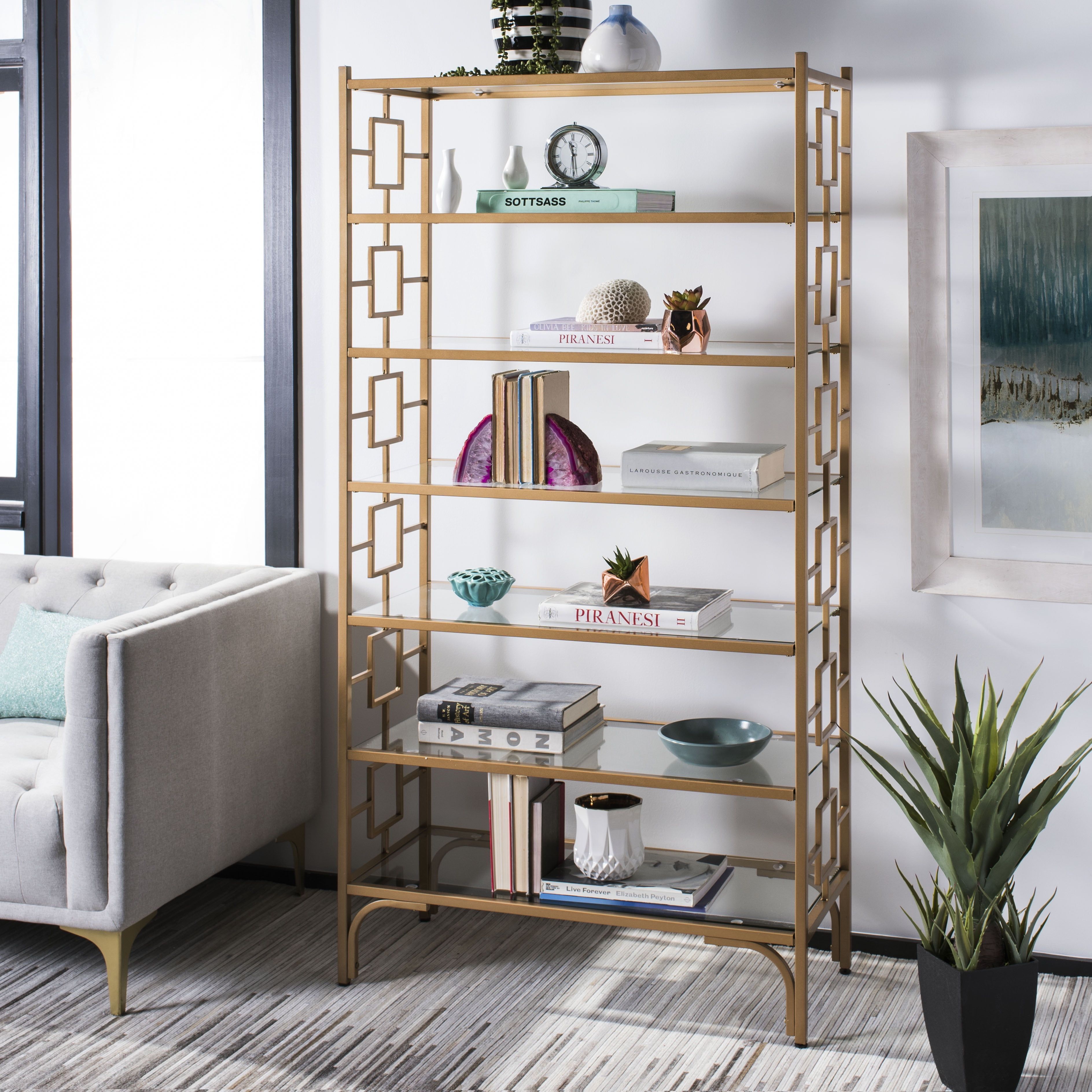 Brooklyn Gold Quatrefoil 7-Tier Glass Etagere Bookcase