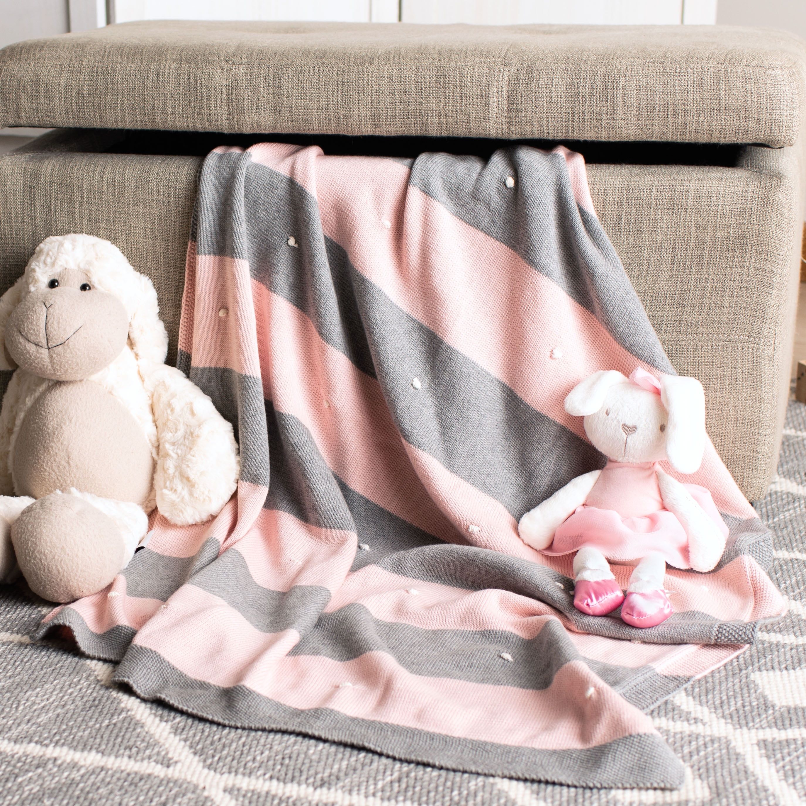 Reversible Grey and Pink Knitted Cotton Baby Throw