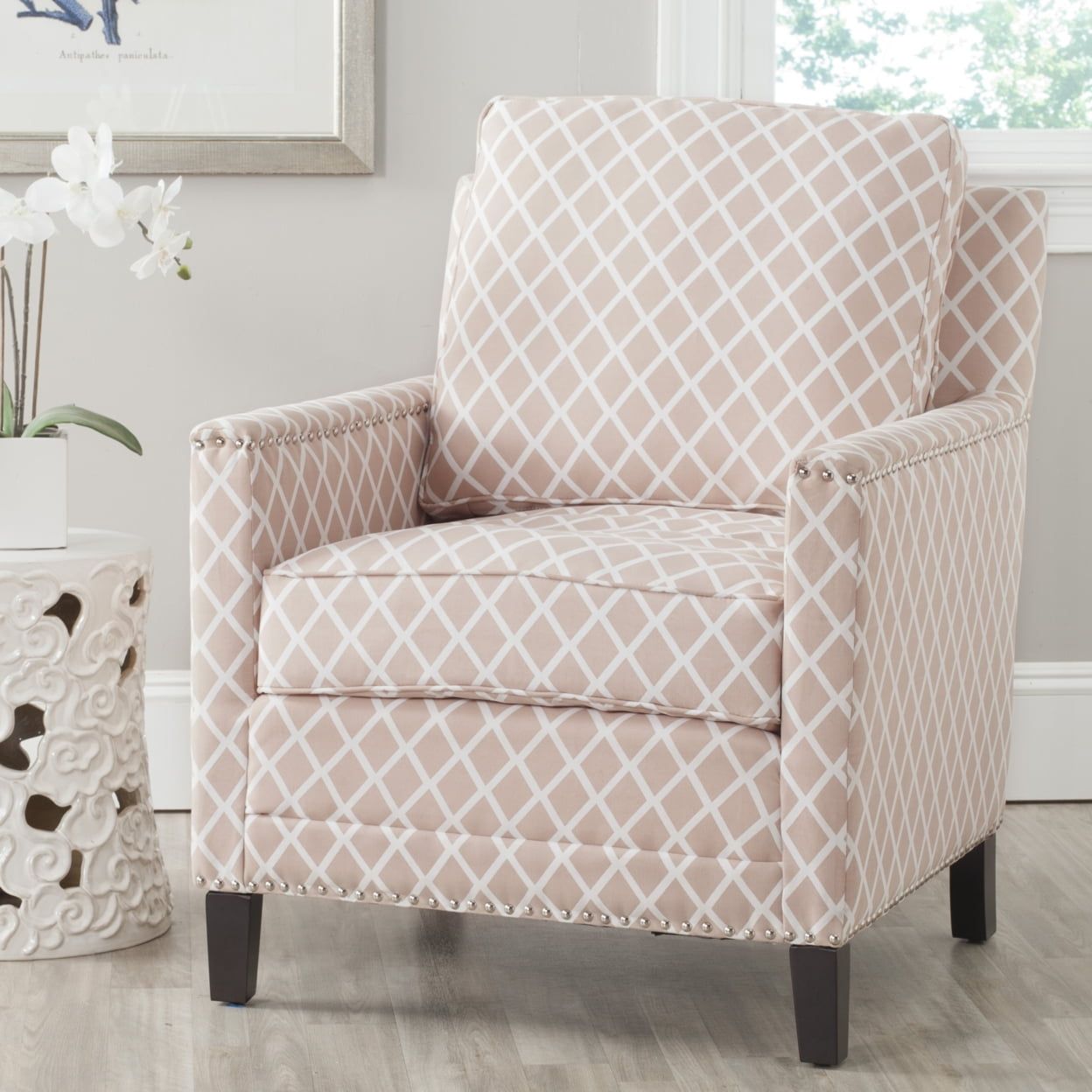 Peach Pink and White Plaid Leather Accent Chair