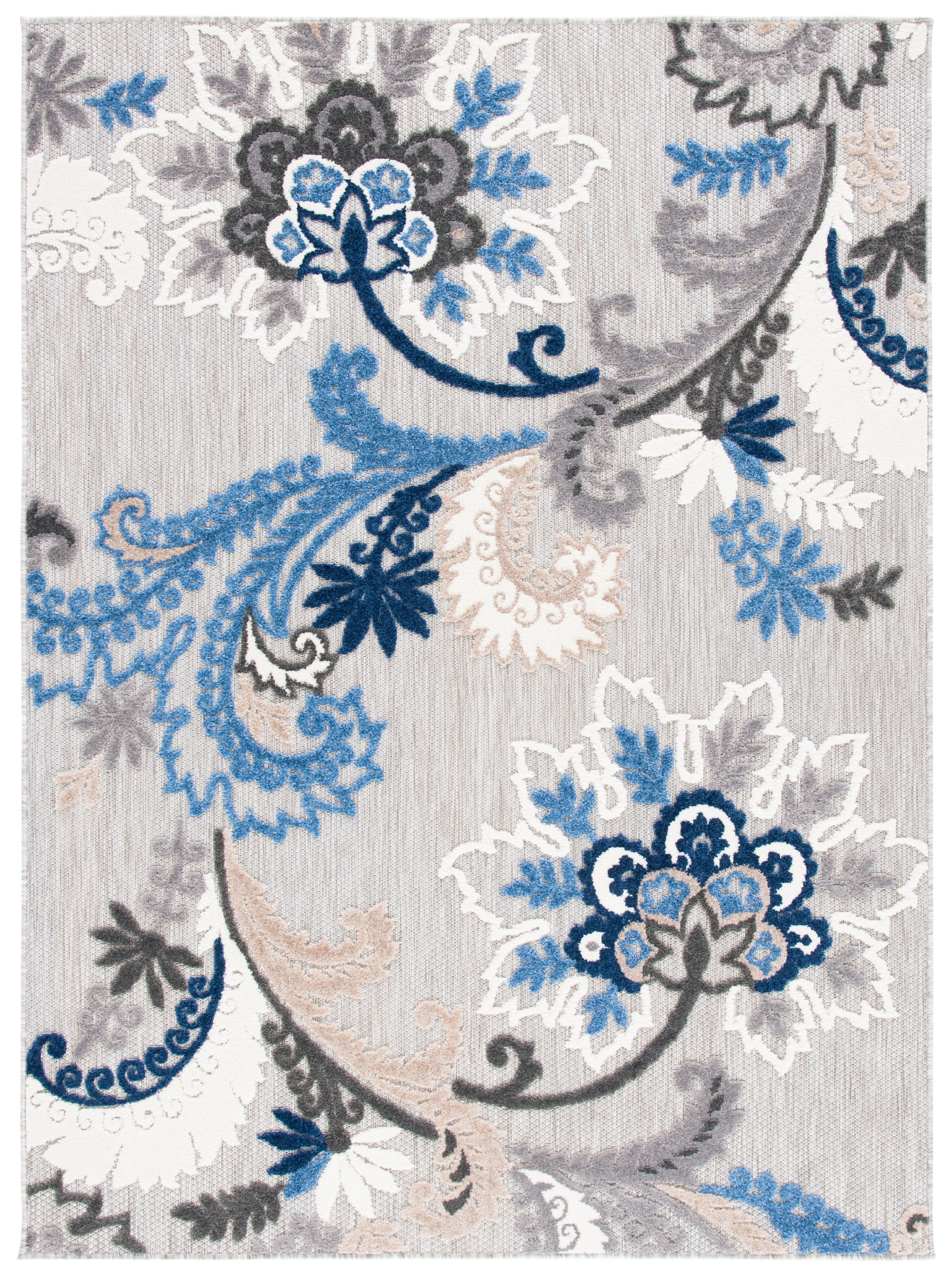 Grey and Blue Floral Synthetic 8' x 10' Area Rug