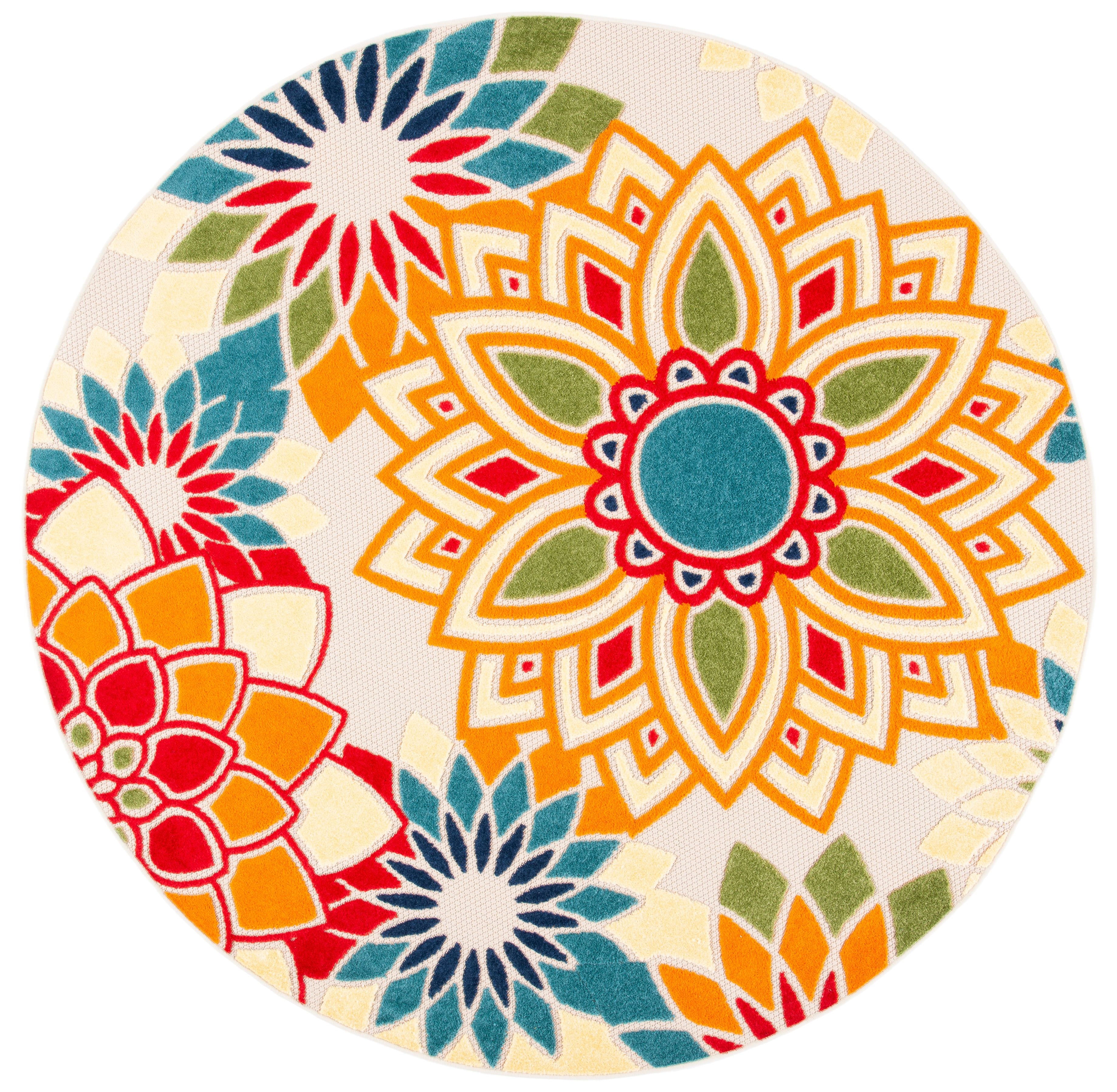 79'' Round Ivory and Orange Floral Synthetic Area Rug