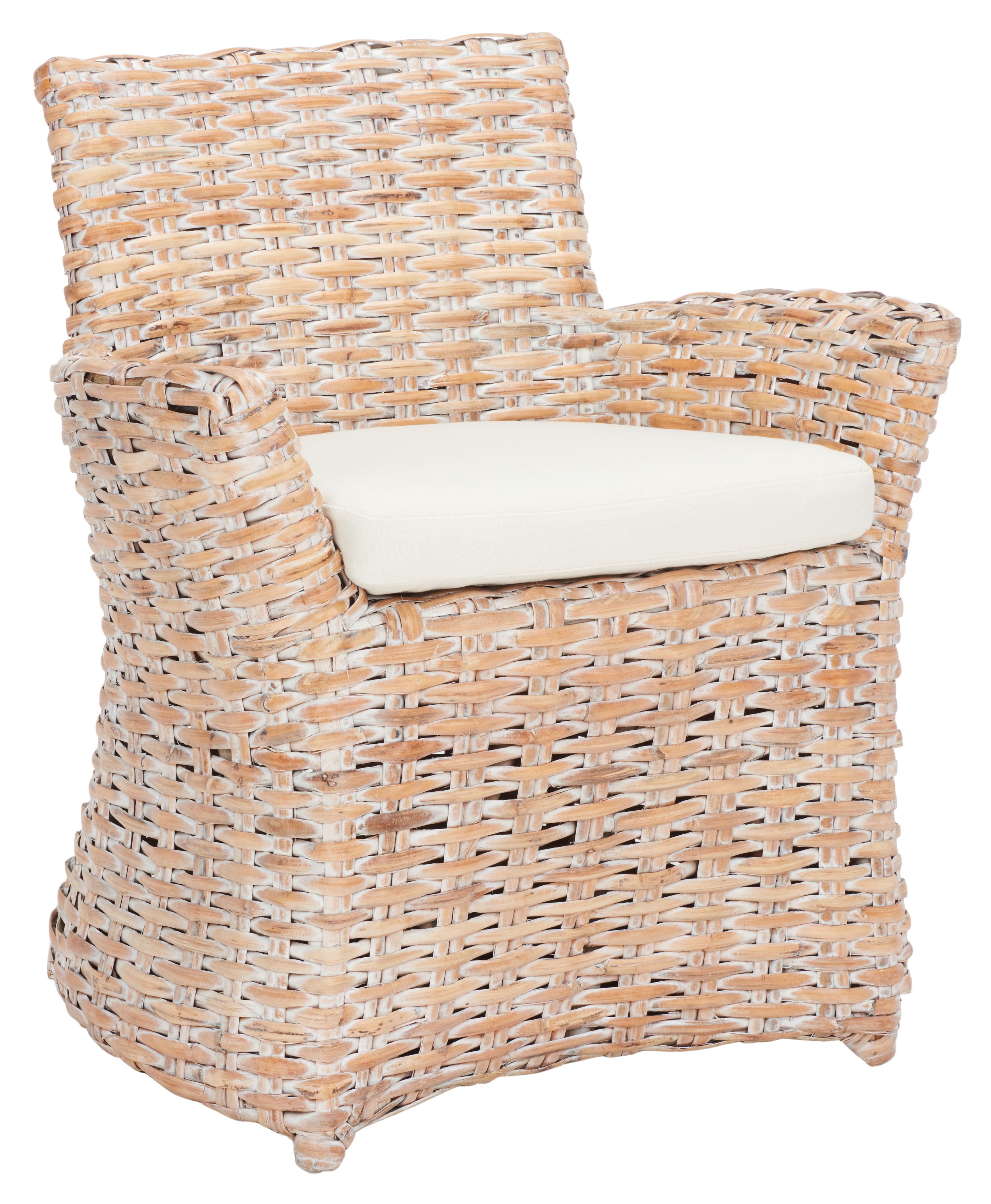 Modern Coastal Whitewash Rattan Armchair with White Cushion