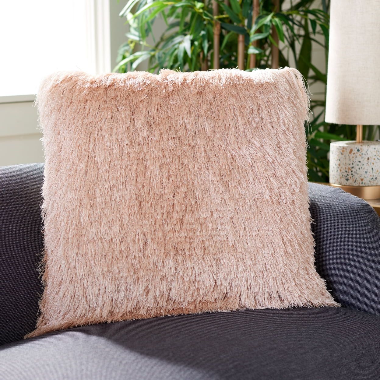 Blush Shaggy Faux Fur Rectangular Accent Pillow