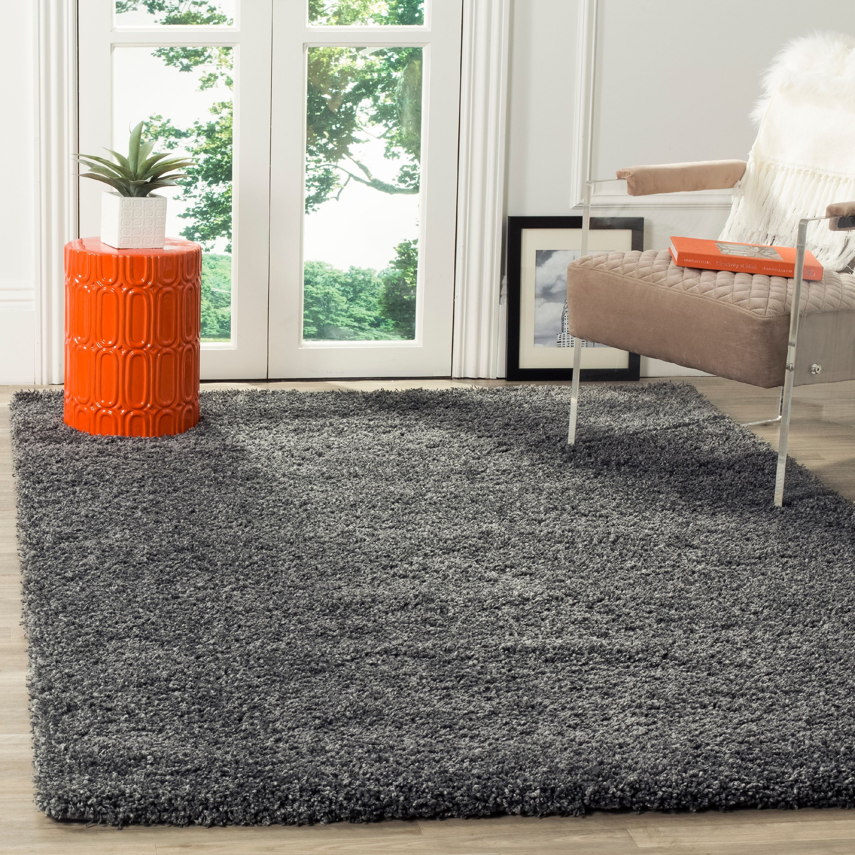 Luxurious Dark Grey Shag Area Rug, 5'3" x 7'6", Stain-Resistant Synthetic